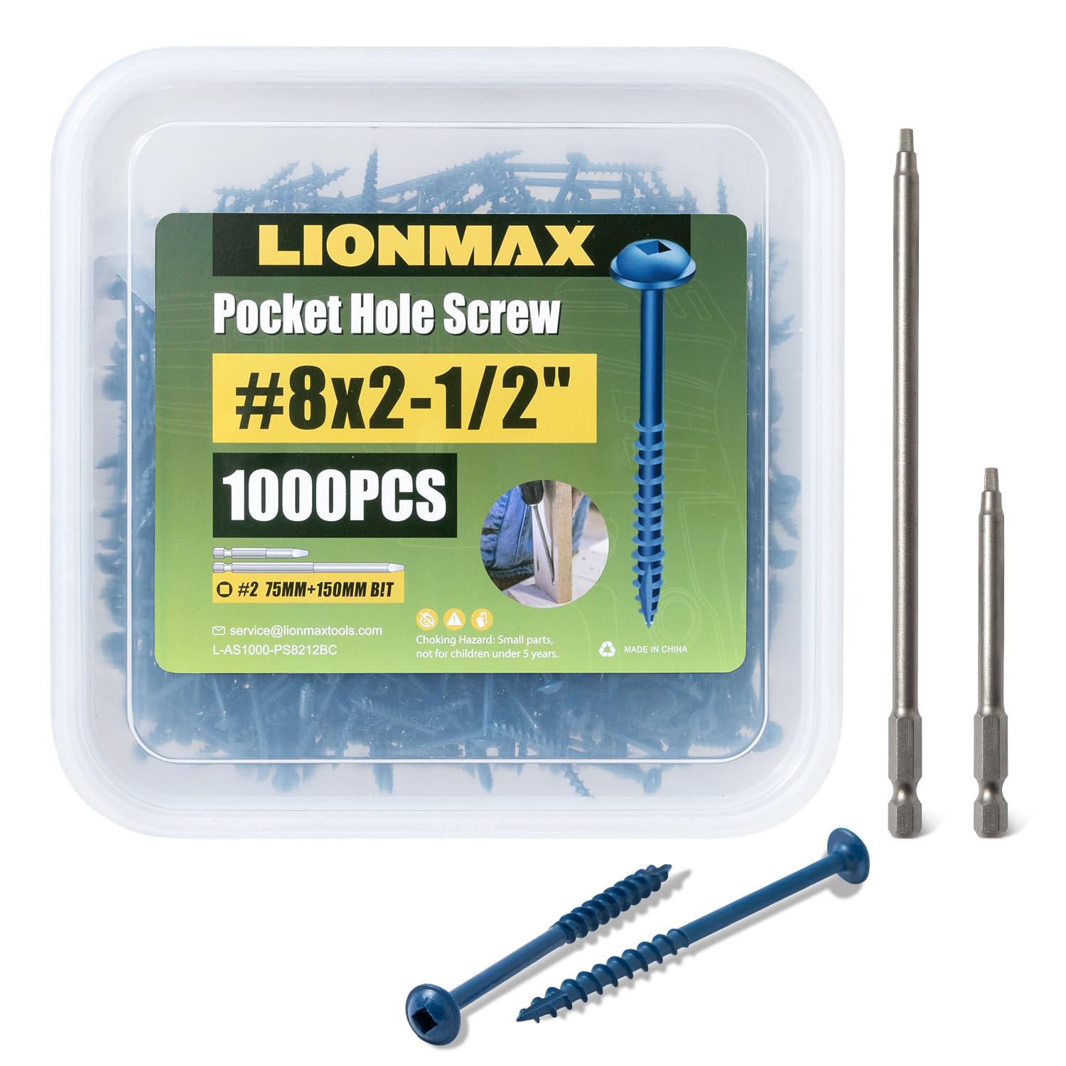 LIONMAX Zestaw 1000 zewnętrznych śrub kieszonkowych #8 x 6,3 cm, gruby gwint, napęd kwadratowy, głowica podkładki, powłoka niebieska, odporna na warunki atmosferyczne, końcówki napędowe 150 mm i 75 mm