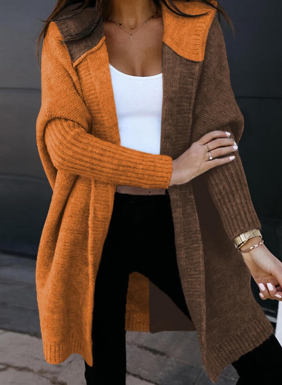Astylish Women 2026 Fall Outfits Open Front Long Sleeve Hooded Knit Cardigan Sweaters Color Block Outwear Coats - Image 2