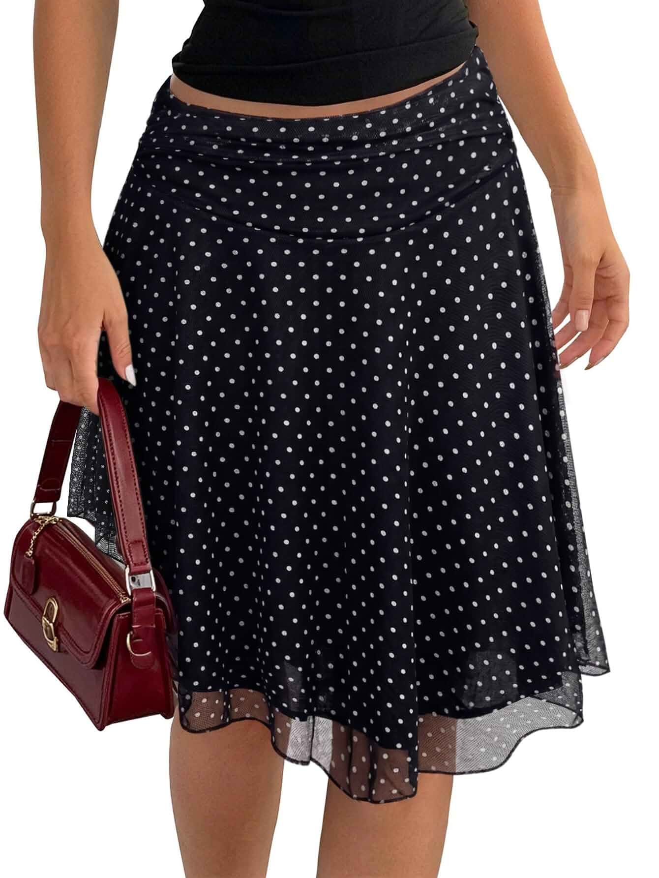 Avanova Women Polka Dot Mesh Midi Skirt Flowy Asymmetrical Hem Skirts Flowy Skirt, Sheer Layer, High Waist, Ruffle Waist, Asymmetrical Hem, Vintage Polka Dot, Feminine Skirt for Summer Vacation