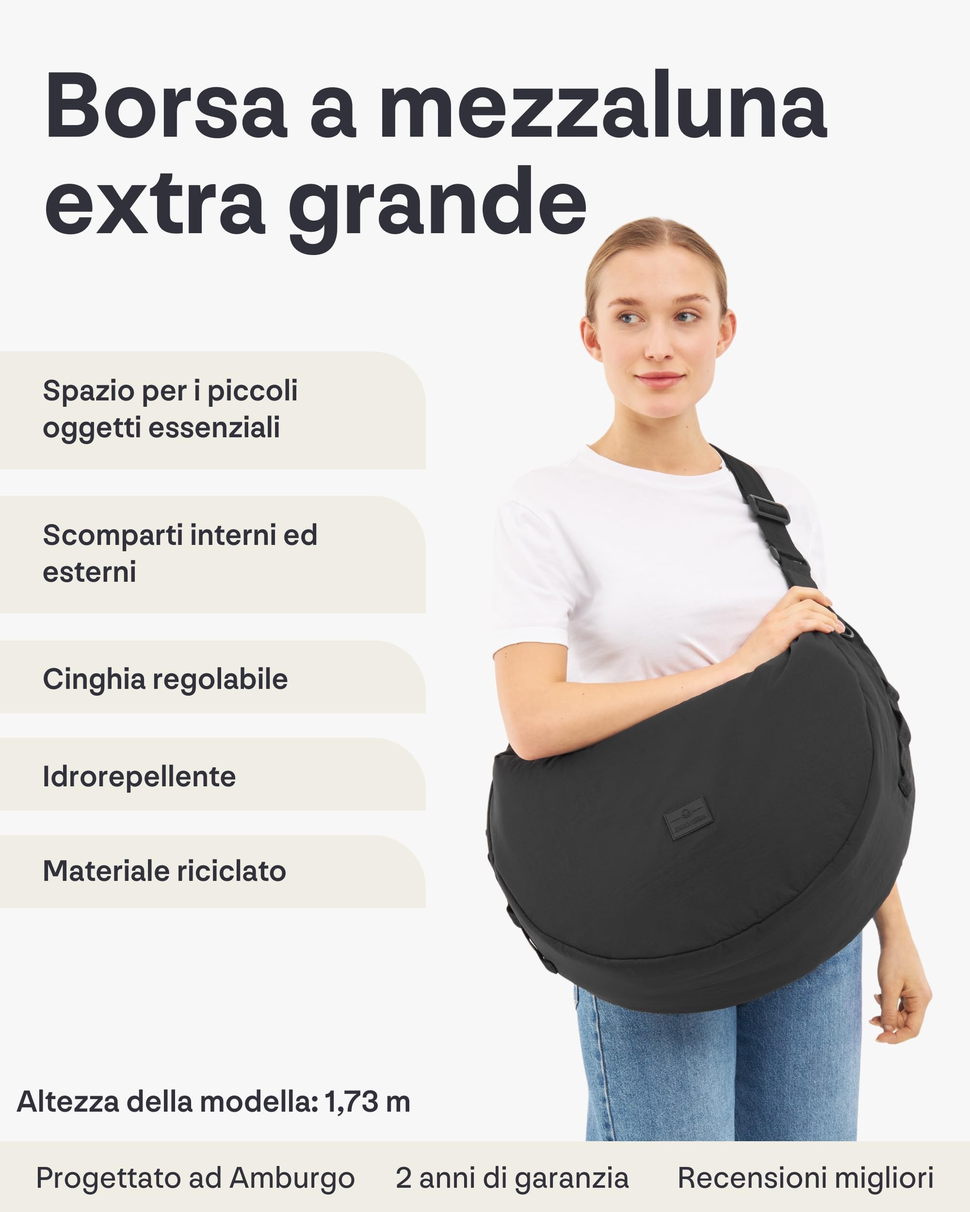 Johnny Urban Borsa a Tracolla Donna Uomo Nero - Kaia XL - Borsetta Mezzaluna - Nylon Puffer Moon Bag - Borse a Spalla Elegante e Casual - Regolabile Marsupio alla Moda - Impermeabile