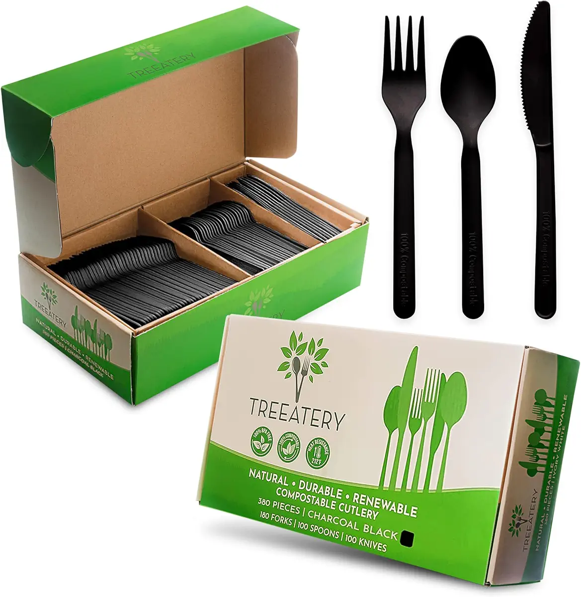 Treeatery - Compostable Cutlery, Plant-Based Cutlery Set, Disposable Utensils, 380-Piece Value Pack (180 Disposable Forks, 100 Disposable Spoons, 100 Disposable Knives), BPI-Certified, Charcoal Black