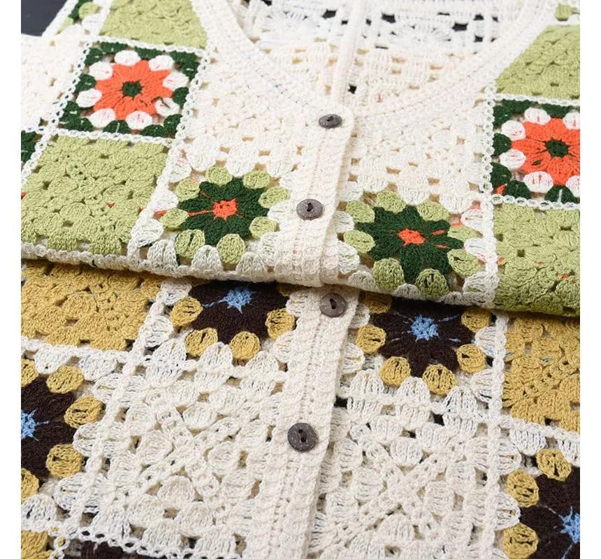 ICW Women Hollow Out Sleeveless V-Neck Floral Knitted Crochet Waistcoat Top Vest Cardigan Dn89 (IN, Alpha, S, Regular, Red) - Image 3 thumbnail