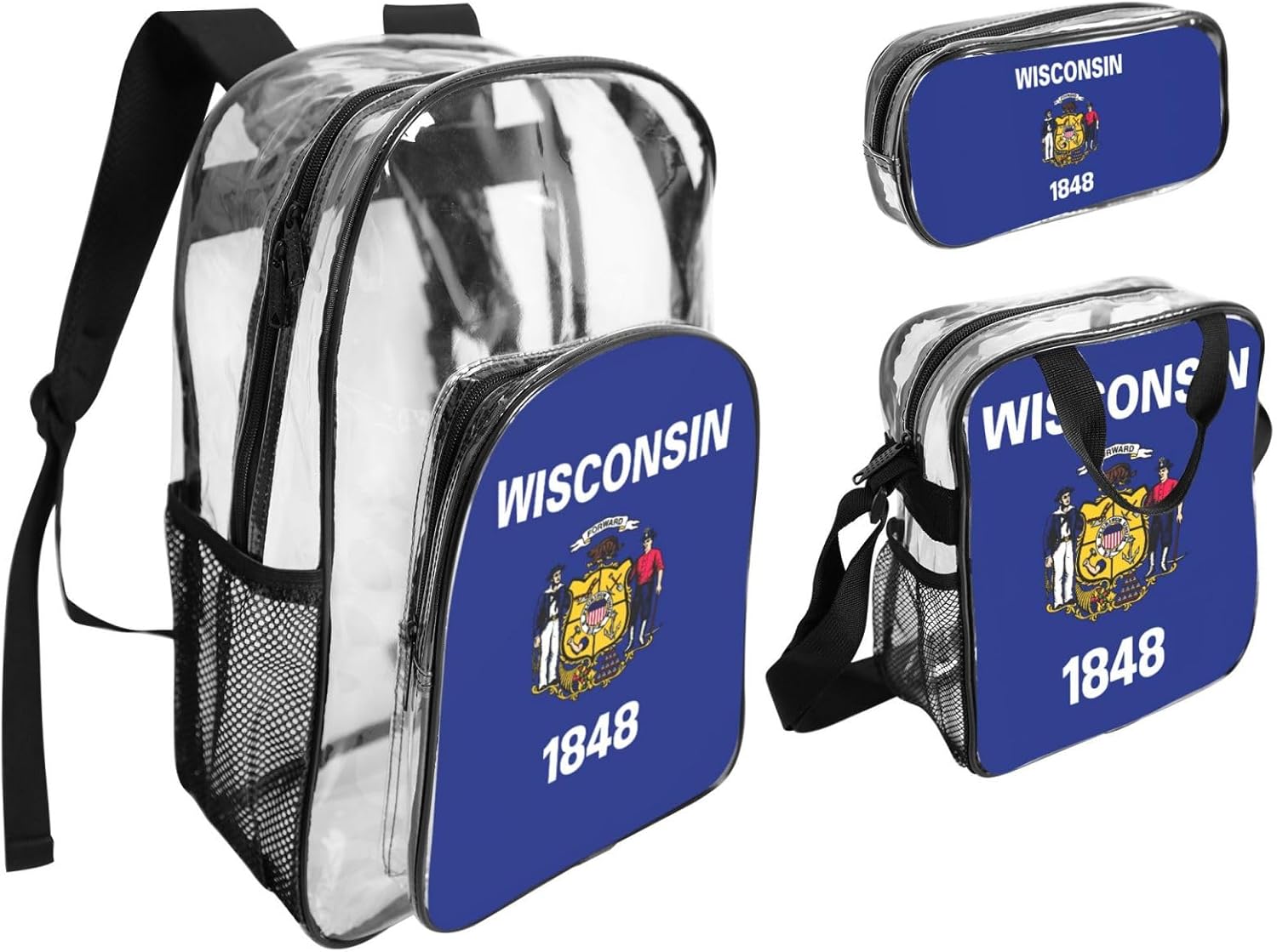 Wisconsin State Flag Print Unisex Transparent Backpack Set Travel Outdoor With Clear 3-Piece Lunch Pen Case
