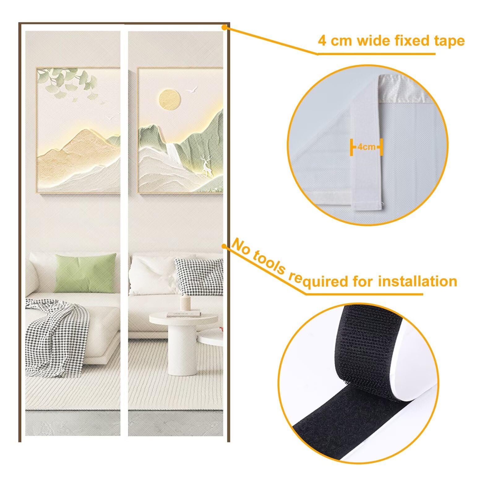 Moustiquaire Porte Fenetre, 200x200CM Rideaux, fermeture automatique, installation facile sans perçage(polyester, Blanc)
