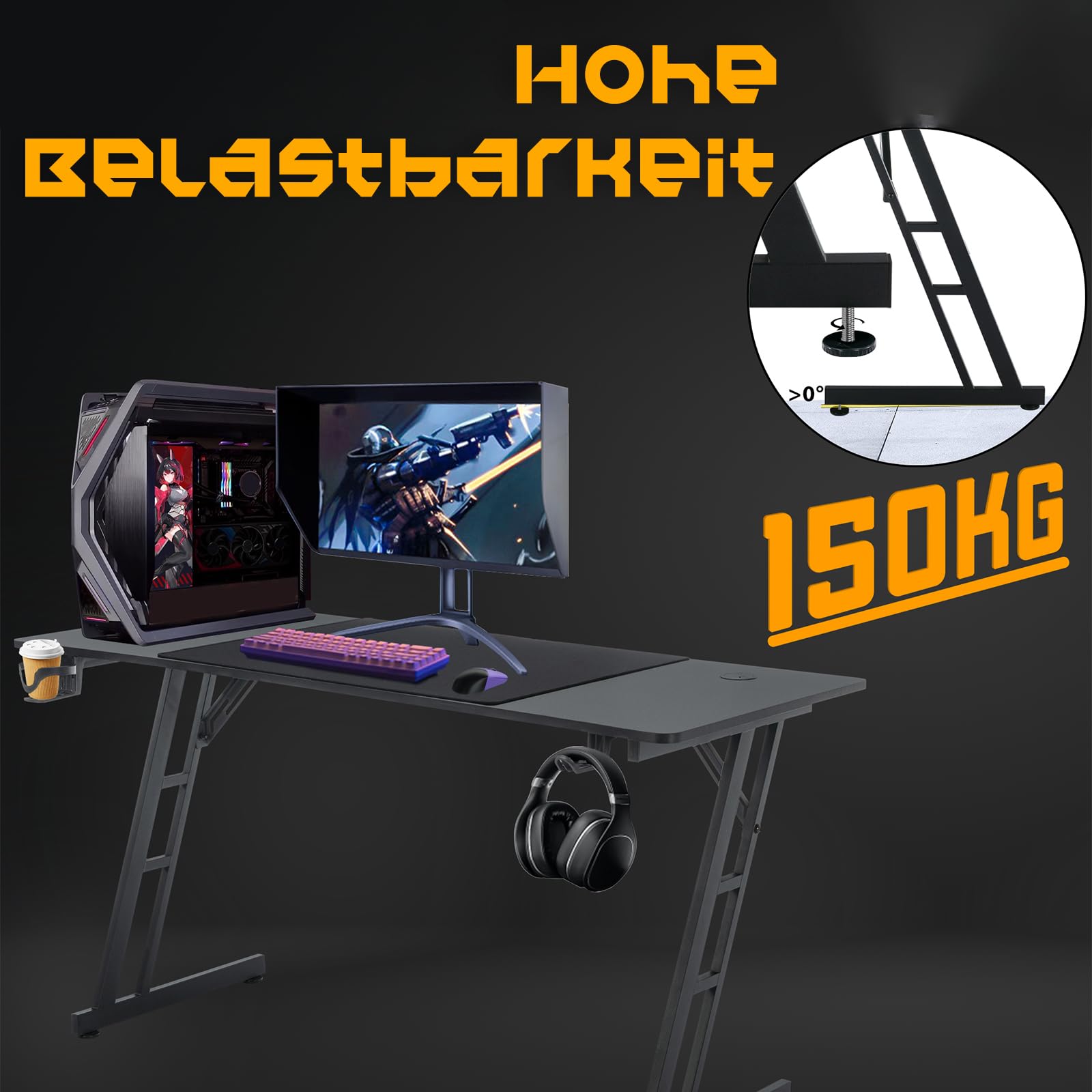 HENGMEI Mesa de juegos para juegos, escritorio de ordenador con soporte para bebidas, gancho para auriculares, marco Z, escritorio, escritorio de juegos, escritorio para el hogar, oficina, escritorio
