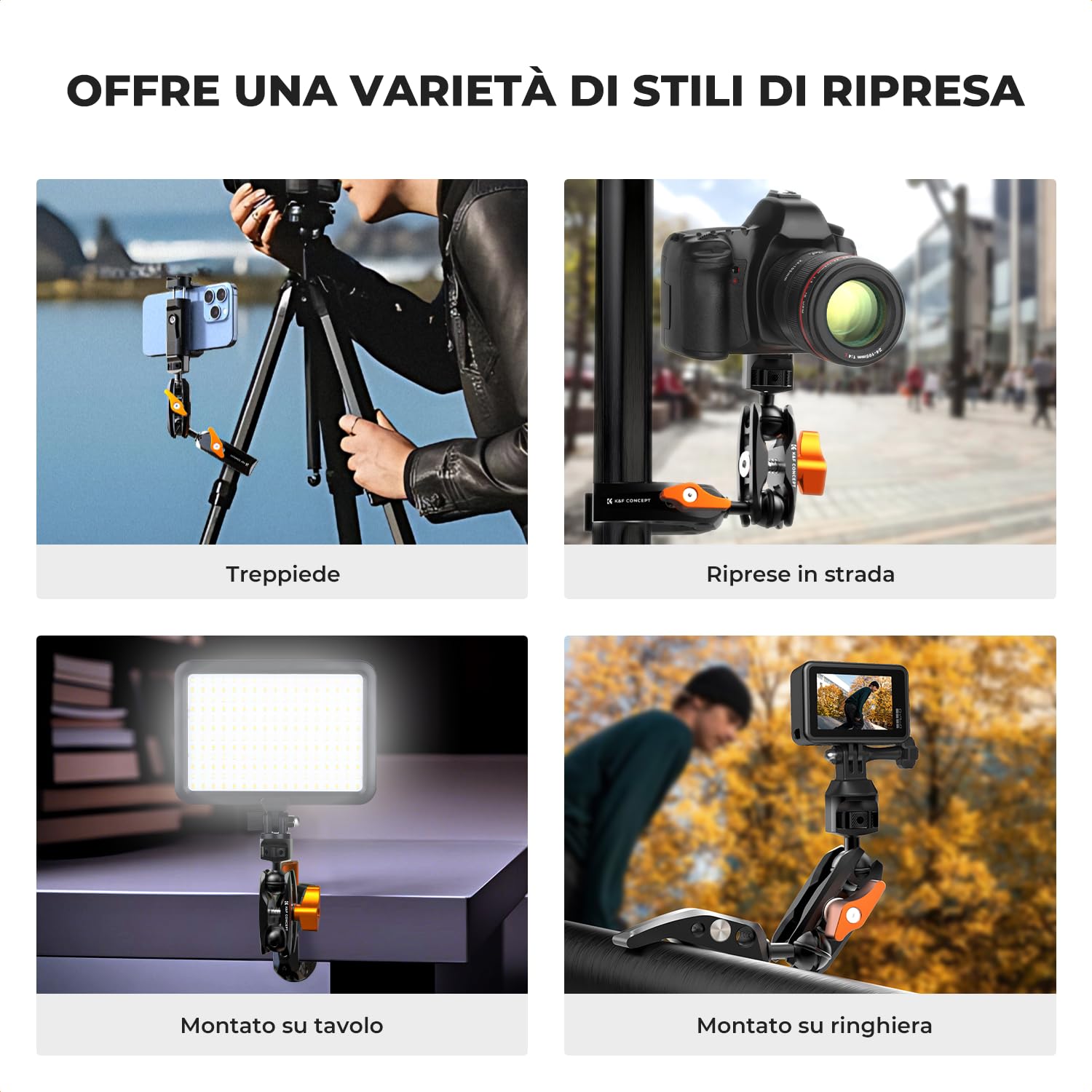 K&F CONCEPT Braccio Magico con Super Clamp, Super morsetto con braccio a sfera a 360°, supporto per Fotocamera, Smartphone, Action Camera, Flash, DSLR, Stabilizzator- MS13