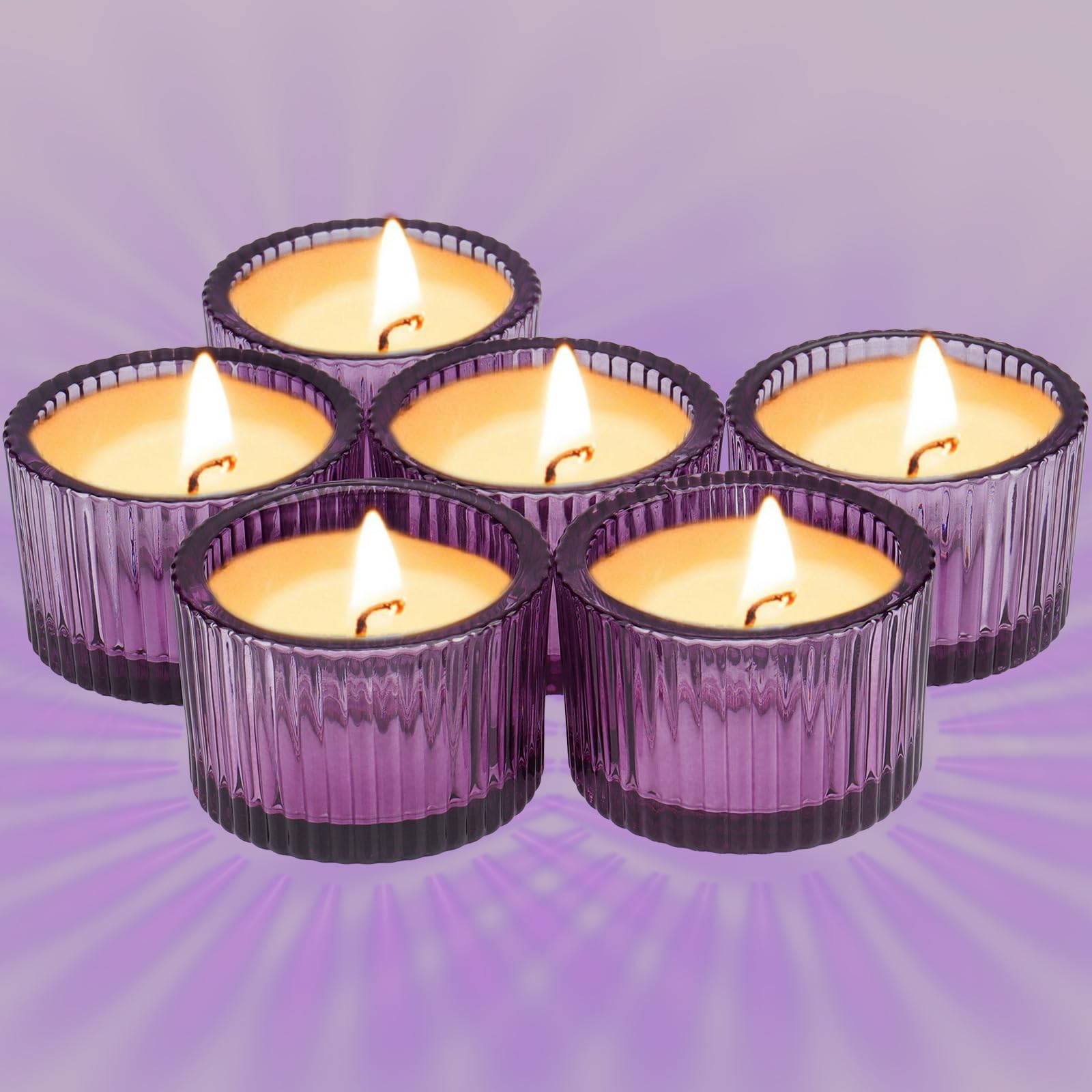 Set di 12 portacandele votivi piccoli color ambra, 5,6 x 3,6 cm, in vetro marrone, decorazione per la casa, portacandele trasparente, per centrotavola e decorazioni per matrimoni (viola)