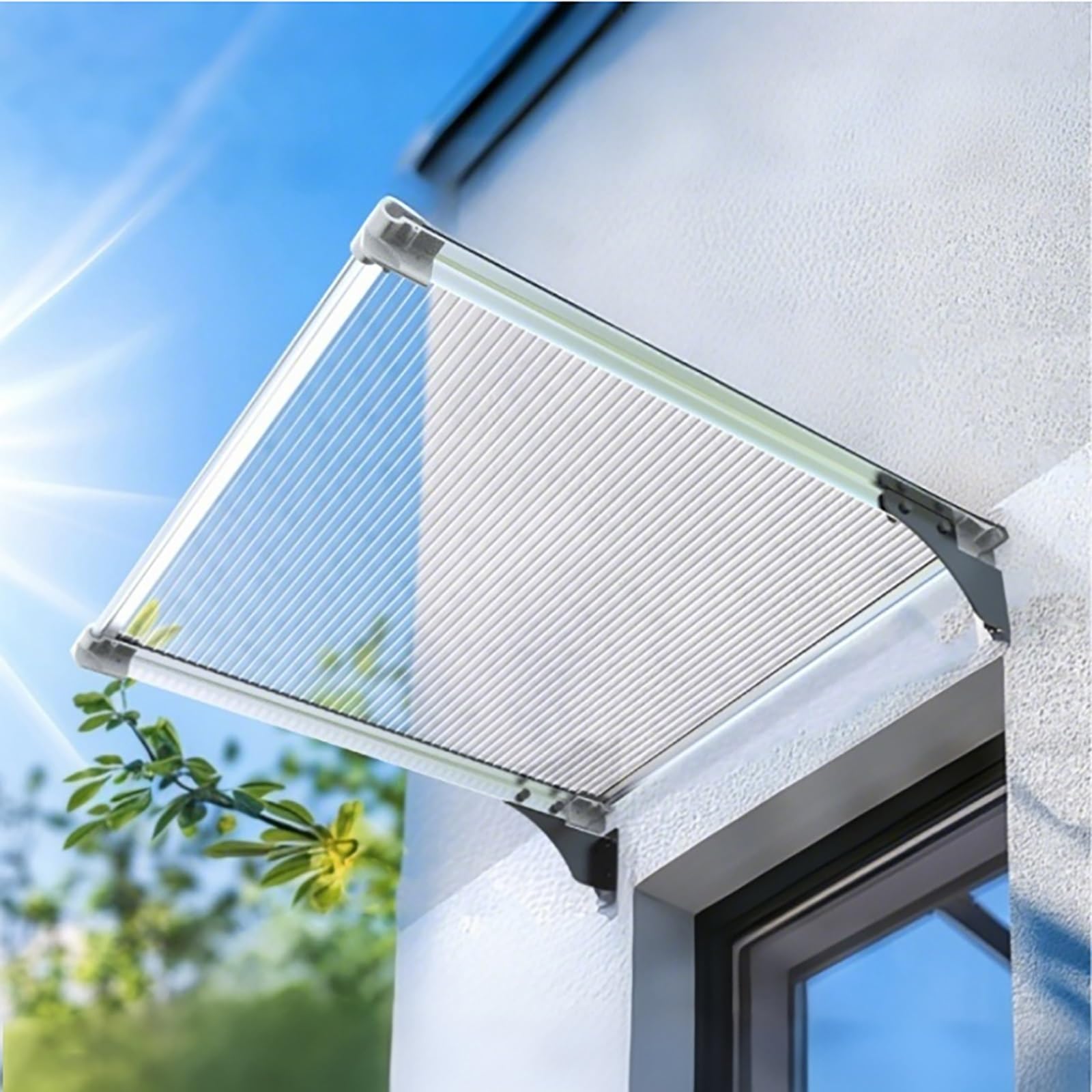 Auvent De Porte Et Fenêtres Extérieure,Marquise De Porte Aluminium,Toit Marquise en Polycarbonate,Terrasse Toit Abri Banne Protection,Protection UV(Silver,55 * 127cm/21.6 * 50in)