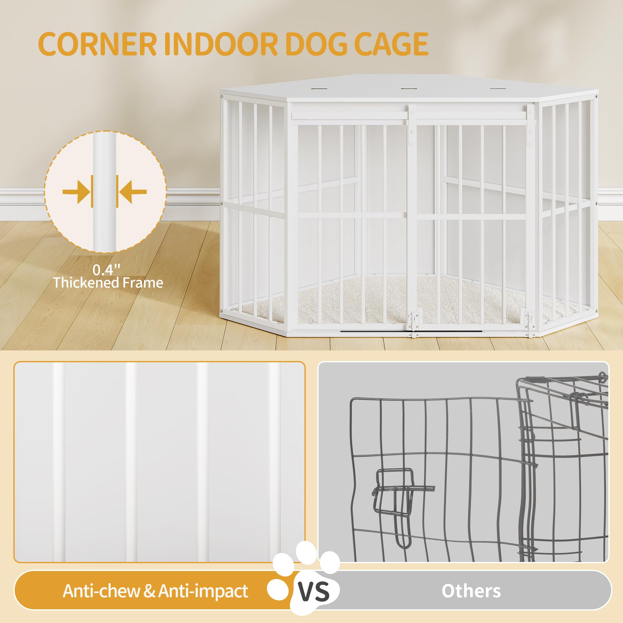 Hzuaneri Cage d'angle pour Chien, Meuble pour Cages, Niche Interieur à Chien Avec Coussins et Portes Coulissantes, Caisse avec Plateau Rabattable pour Moyen et Petit, 107x 59,6 x 64cm, Blanc DFC85903W