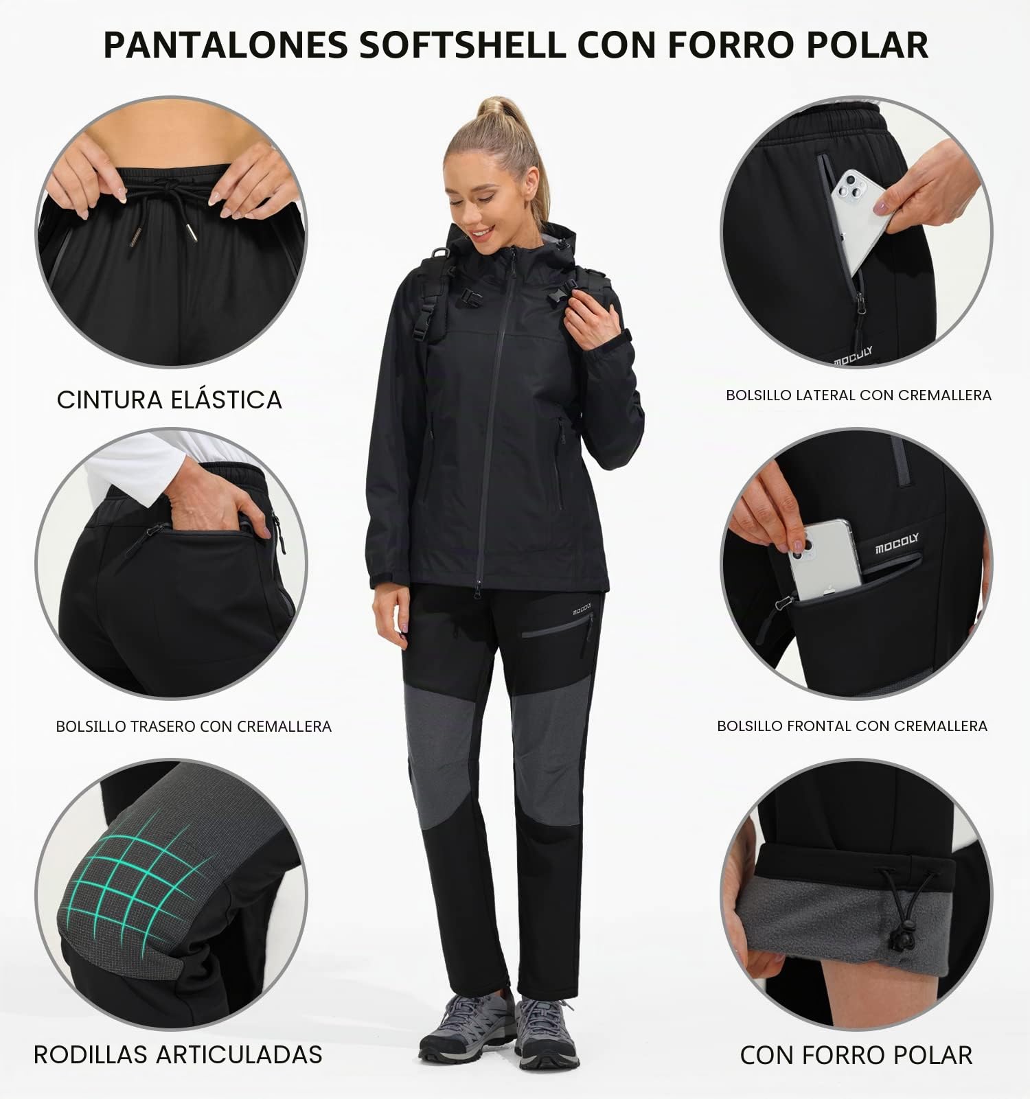 MOCOLY Pantalones Trekking Mujer Invierno Impermeable Montaña Senderismo Esquí Pantalones Térmicos con Forro Polar Pantalones Deportivos para Caza al Aire Libre Ciclismo Trabajo