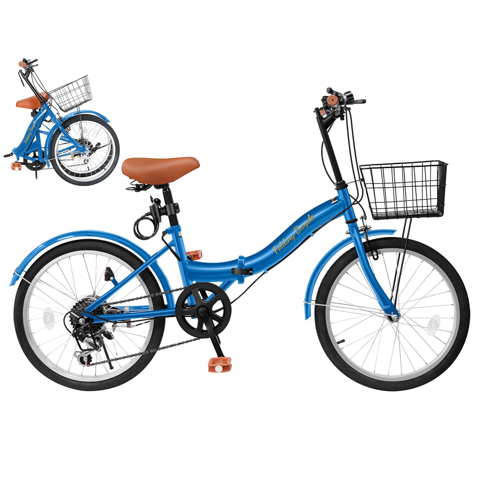 Mixiu 折りたたみ自転車 20インチ/24インチ 軽量 素早く折畳可能 P-O9 シマノ 7段変速 折り畳み自転車 高炭素鋼フレーム 高さ調節可能なハンドルステムとサドル 折畳み自転車 空気入れ、ライト、カゴ、ワイヤロック付属 男女兼用 通勤 通学 サイクリング (ブルー, 20)