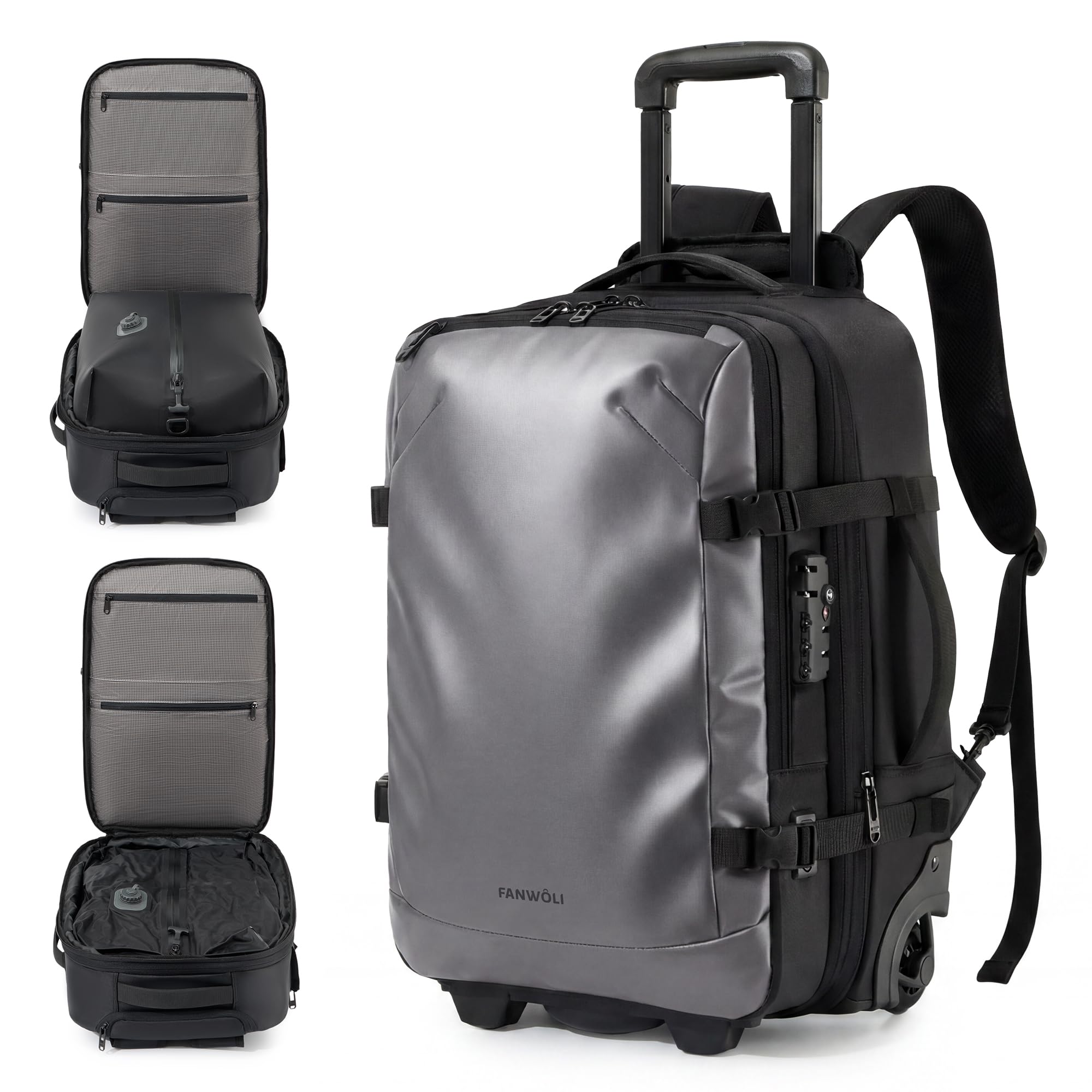Fanwoli Rolling Travel Backpack with One-Button Vacuum System, 55L, Grey | Expandable, Built-in Pump, Carry on, TSA Lock, Water-Repellent, Wet/Dry Separate, Shoes Pocket, Fits 17" Laptop