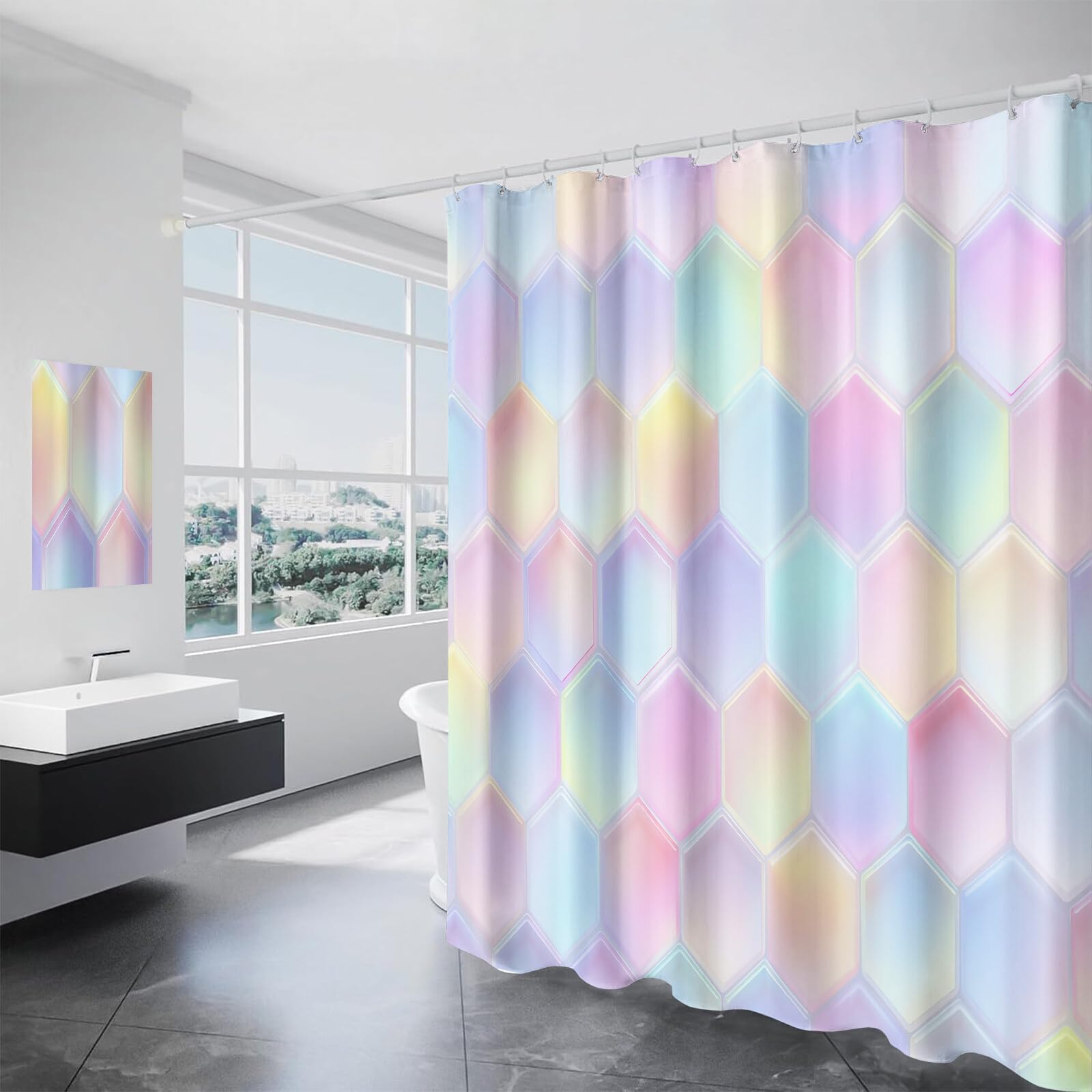 Rideau Douche, Rideau Baignoire Lavable en Machine Rideaux Douche Tissus Lavable Rideau De Baignoire Lavable pour Salle De Bain Domicile Baignoire Famille, Hexagones Colorés,