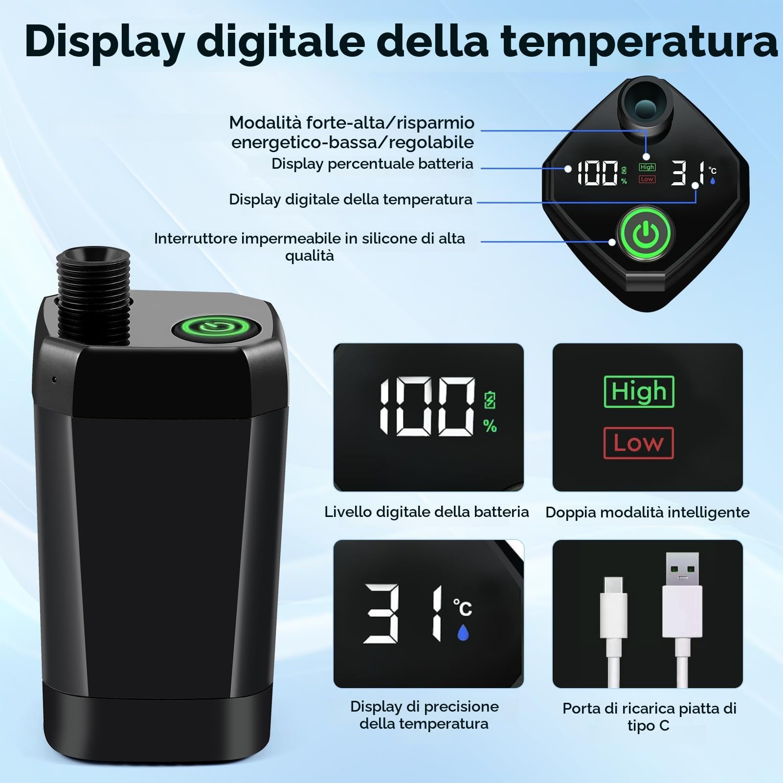 Uplayteck Doccia da Campeggio, Doccia Ricaricabile Portatile da 6000 mAh con Impermeabile IPX7, Doccia Portatile con Soffione, Tubo Flessibile e Display della Temperatura, per Spiaggia, Campeggio