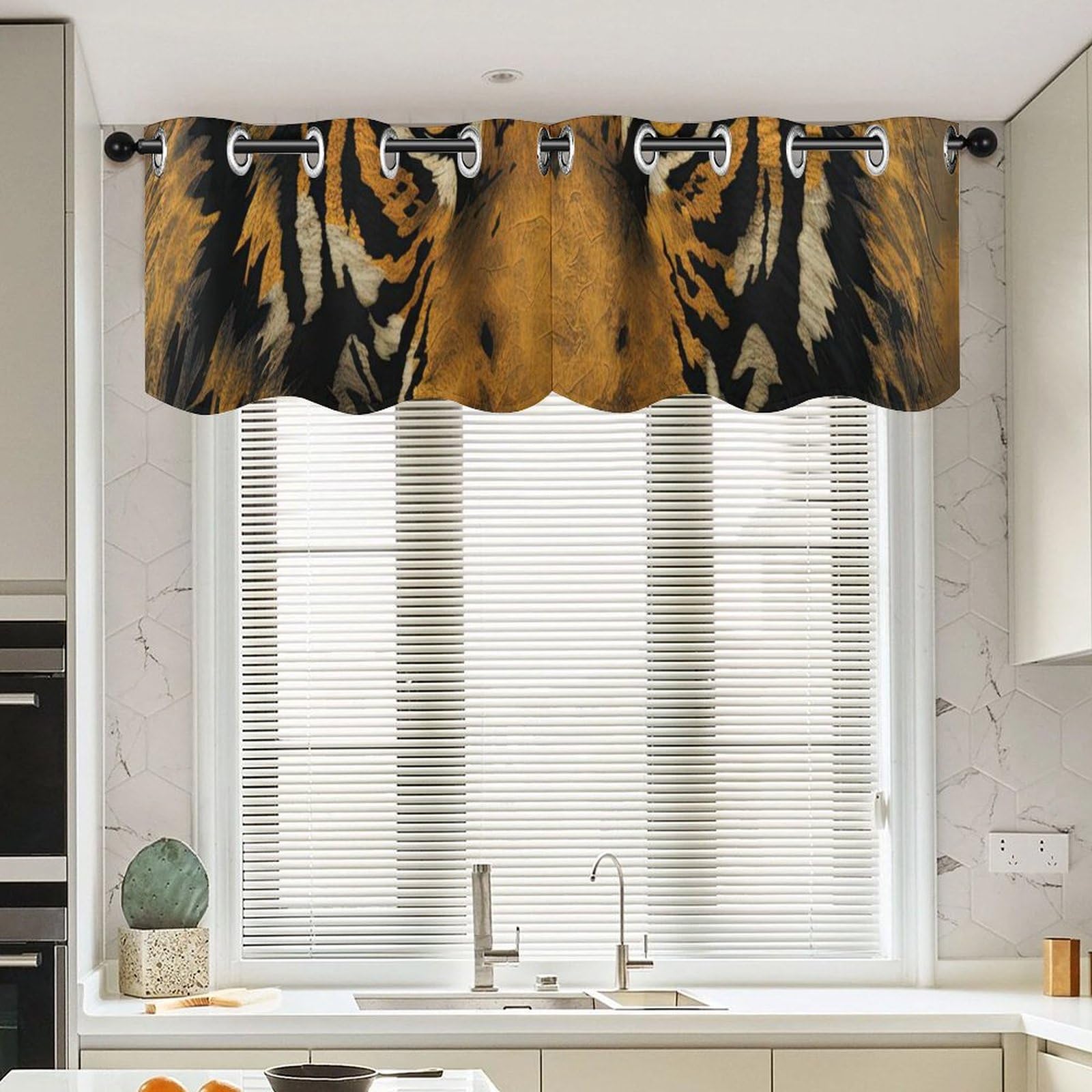Rideaux courts tigre brise-bise 132x45cm pour baie vitrée et fenêtre de cuisine