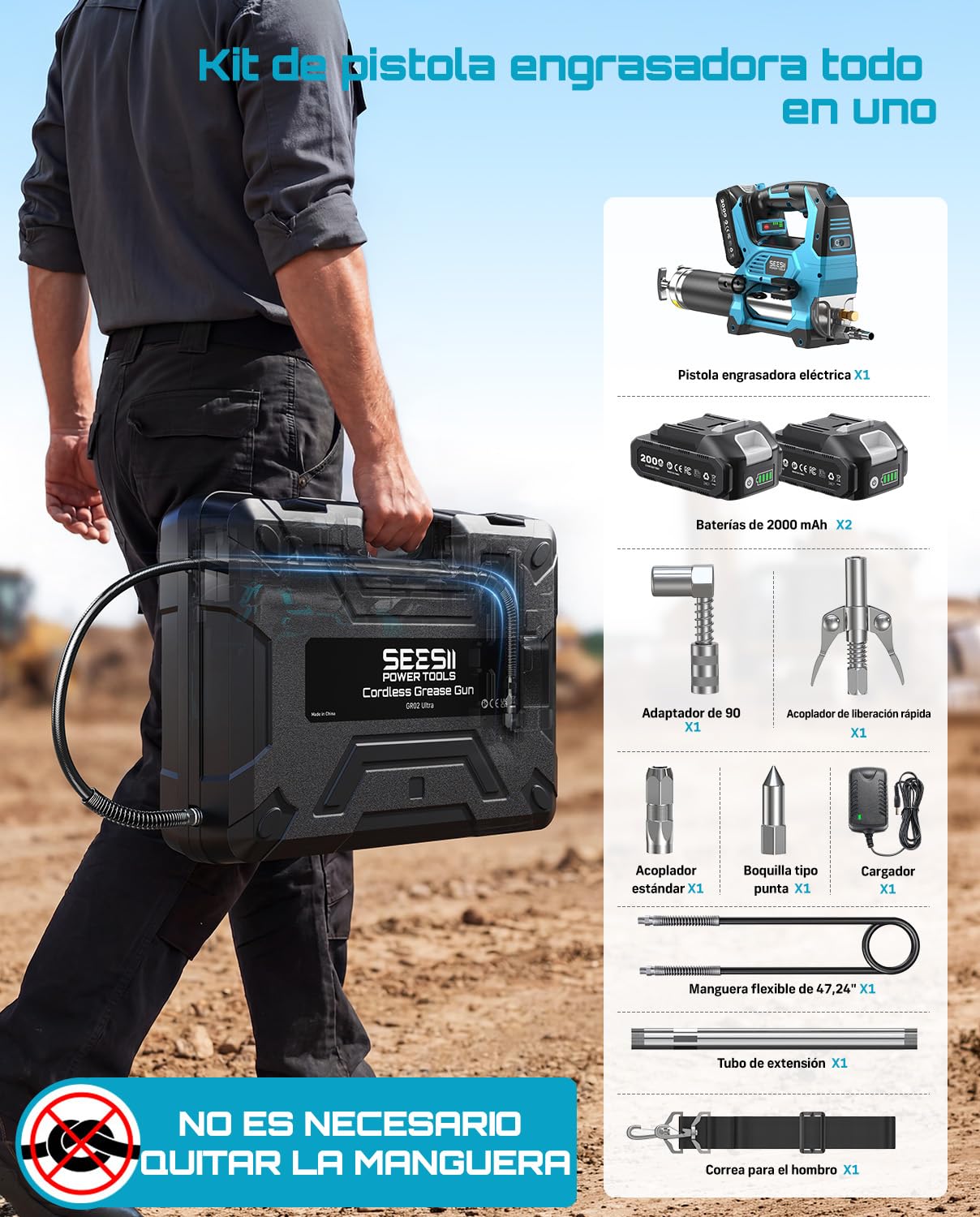 Seesii 12.000 PSI Engrasadora Batería Compatible con la batería Makita de 18 V (sin batería), 3 Velocidades, Motor Brushless, Manguera de 1.2m, Acoplador de 90° y Luz LED para Equipos Pesados