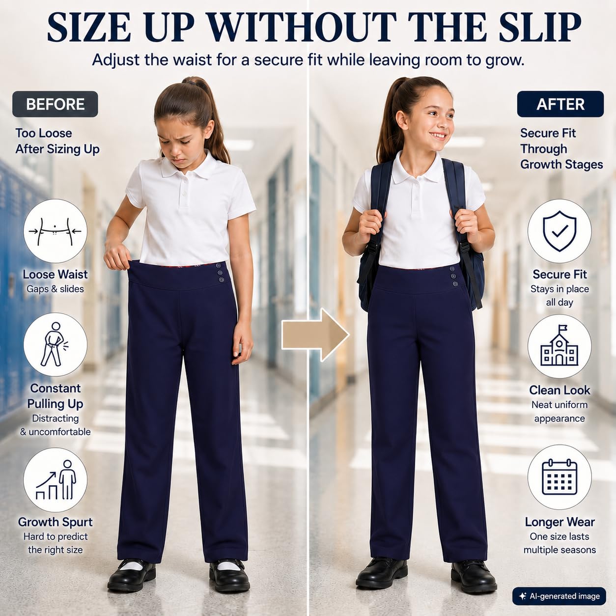 Bienzoe Chicas Escolar Uniforme Pantalones: Niñas Ajustable Cintura Duradero Pierna Recta Vestido Pantalones, Marina, 5
