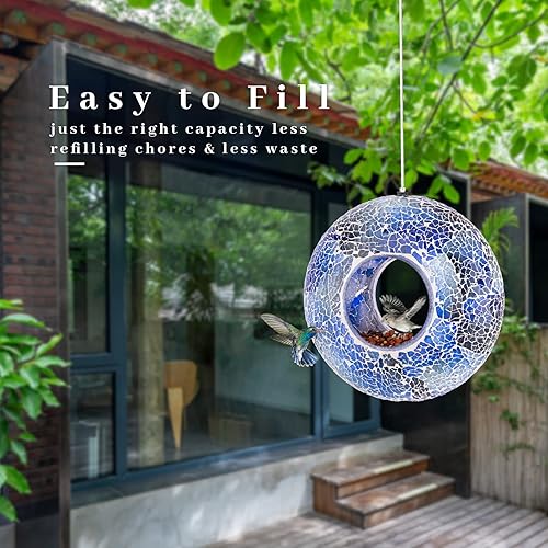 Miniatura 2 de VCUTEKA Alimentador de pájaros mosaico para colgar en el exterior con contenedor de vidrio de forma redonda para atraer más pájaros silvestres para