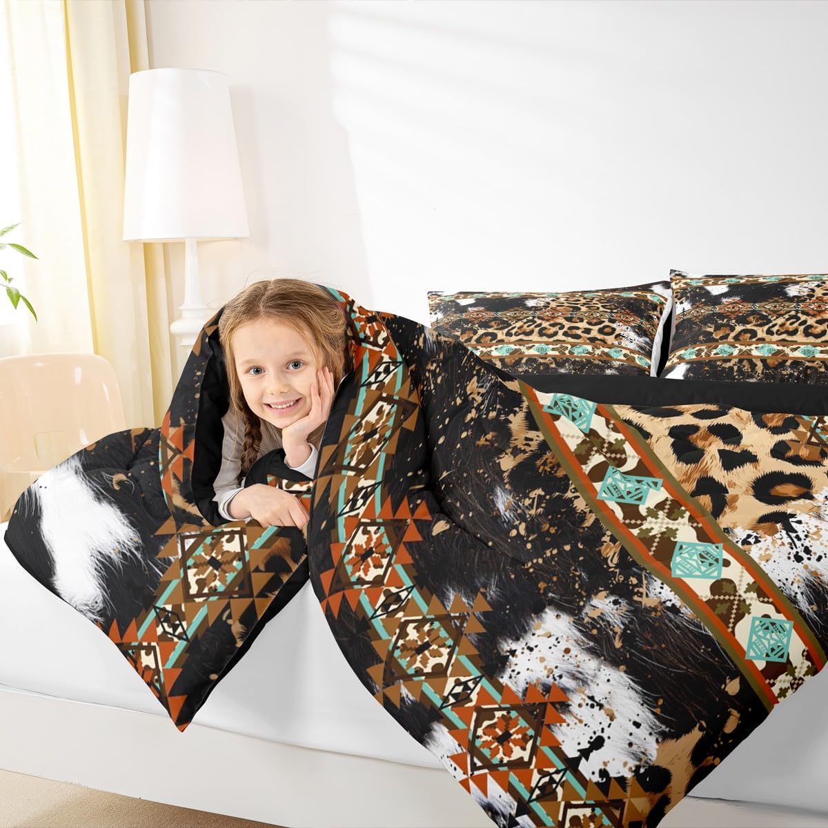 Erosebridal Cowhide Quilt Brown Leopard Print Queen Comforter Set,Western Bedding Set Exotic Aztec Cow Print Down Comforter,Farmhouse Wild Animal Skin Room Decor Cowboys Gifts for Men