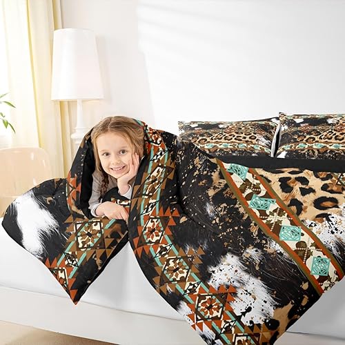 Miniatura 4 de Erosebridal Juego de edredón con estampado de guepardo, juegos de ropa de cama occidental tamaño completo, edredón azteca exótico de piel de vaca en