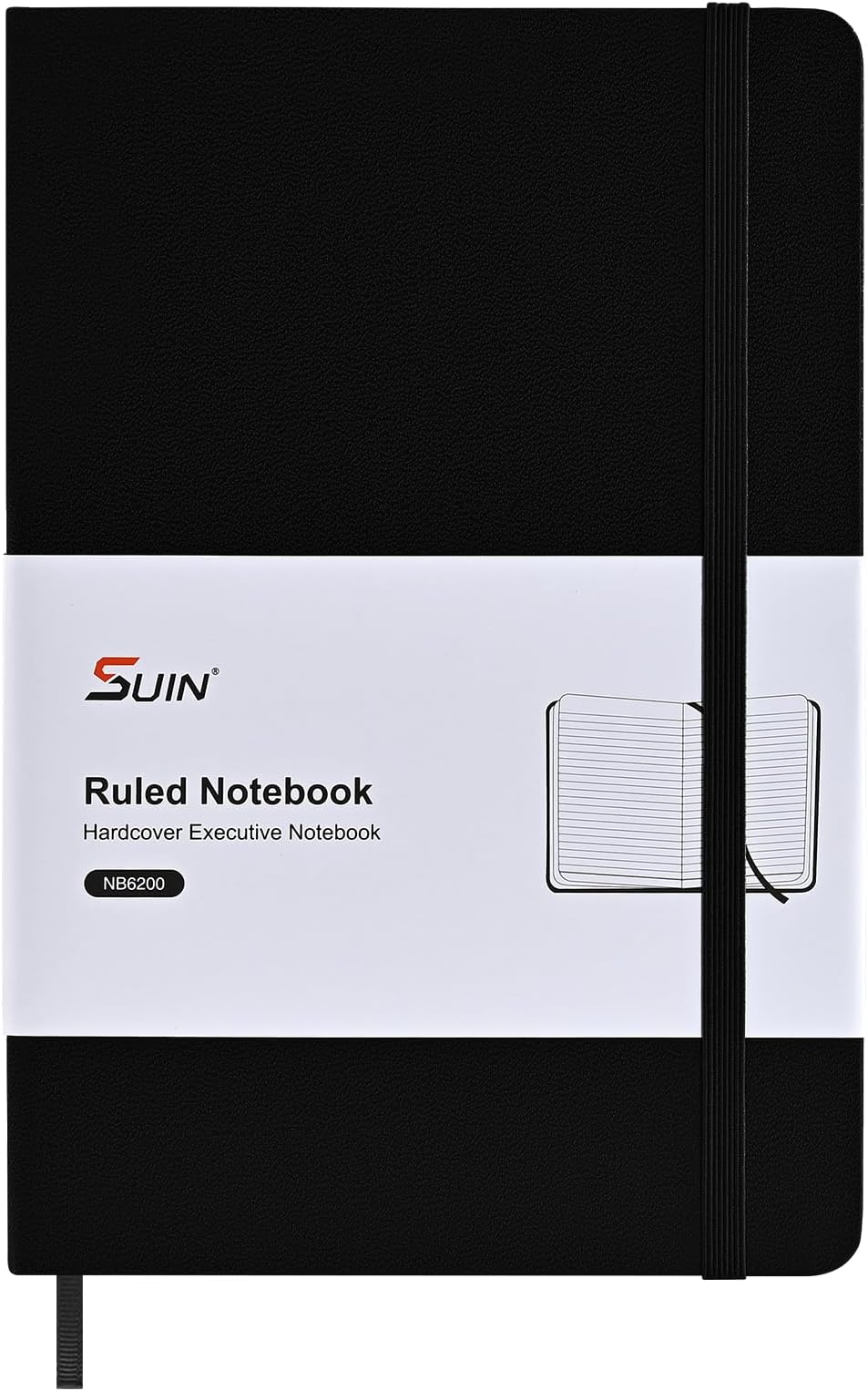 SUIN A5 Notebook Hardcover Lined Journal, 100gsm Thick Paper for Work & Business, Lay-Flat Leatherette Writing Pad with Pocket & Bookmark, 192 Pages Professional Notebook - Black, 1-Pack