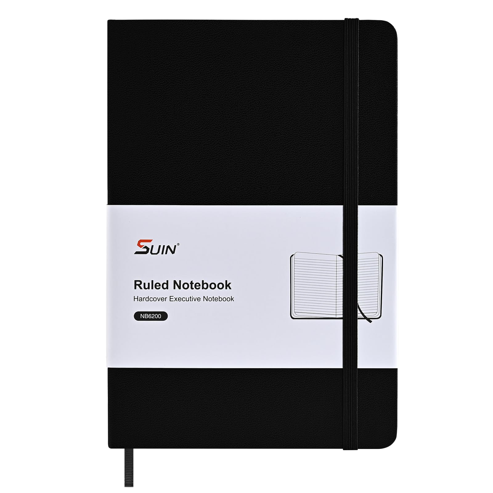 SUIN A5 Notebook Hardcover Lined Journal, 100gsm Thick Paper for Work & Business, Lay-Flat Leatherette Writing Pad with Pocket & Bookmark, 192 Pages Professional Notebook - Black, 1-Pack