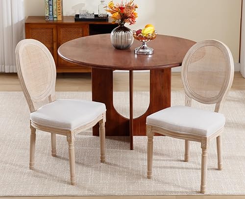 Miniatura 10 de chairus Juego de 2 sillas de comedor de ratán de granja, sillas de campo francesas de cuero con respaldo redondo, sillas laterales ovaladas para