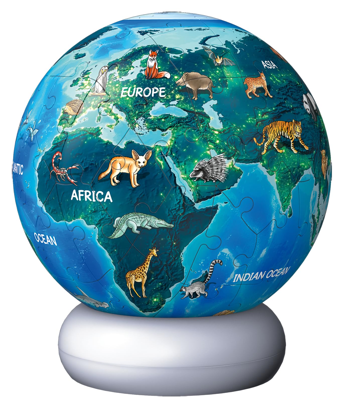 Ravensburger 3D Puzzle Erde mit Tiermotiven - 3D Puzzle Kinder ab 6 Jahren - Puzzle-Ball mit LED Nachtlicht als Nachttischlampe für Kinder - Kinderglobus Geschenke für Mädchen und Jungen - 12008055