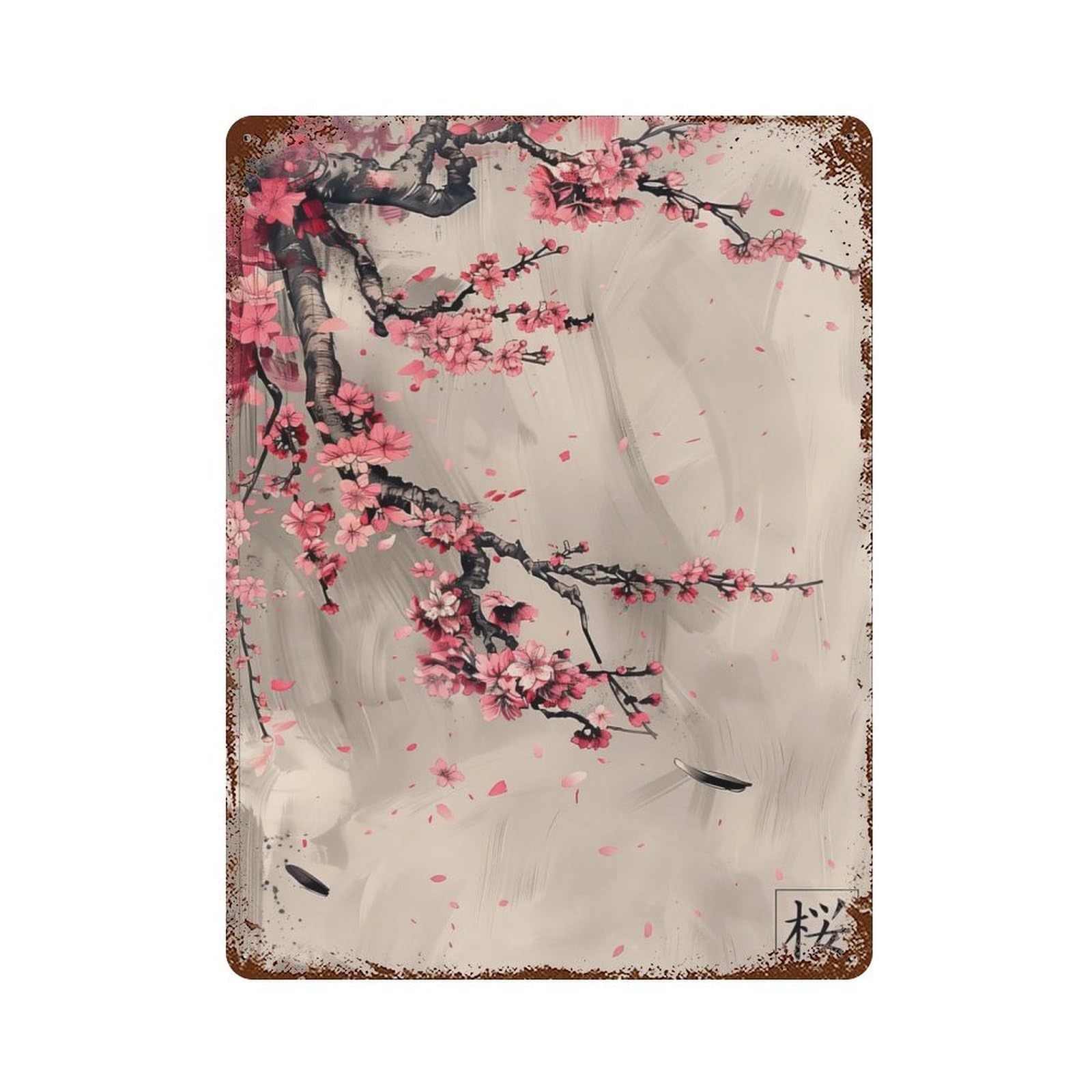 Sakura Japanese Asian Aged Metal Wall Plaque 15.7"x11.8", Ideal for Garage, Bar And Workshop Decor