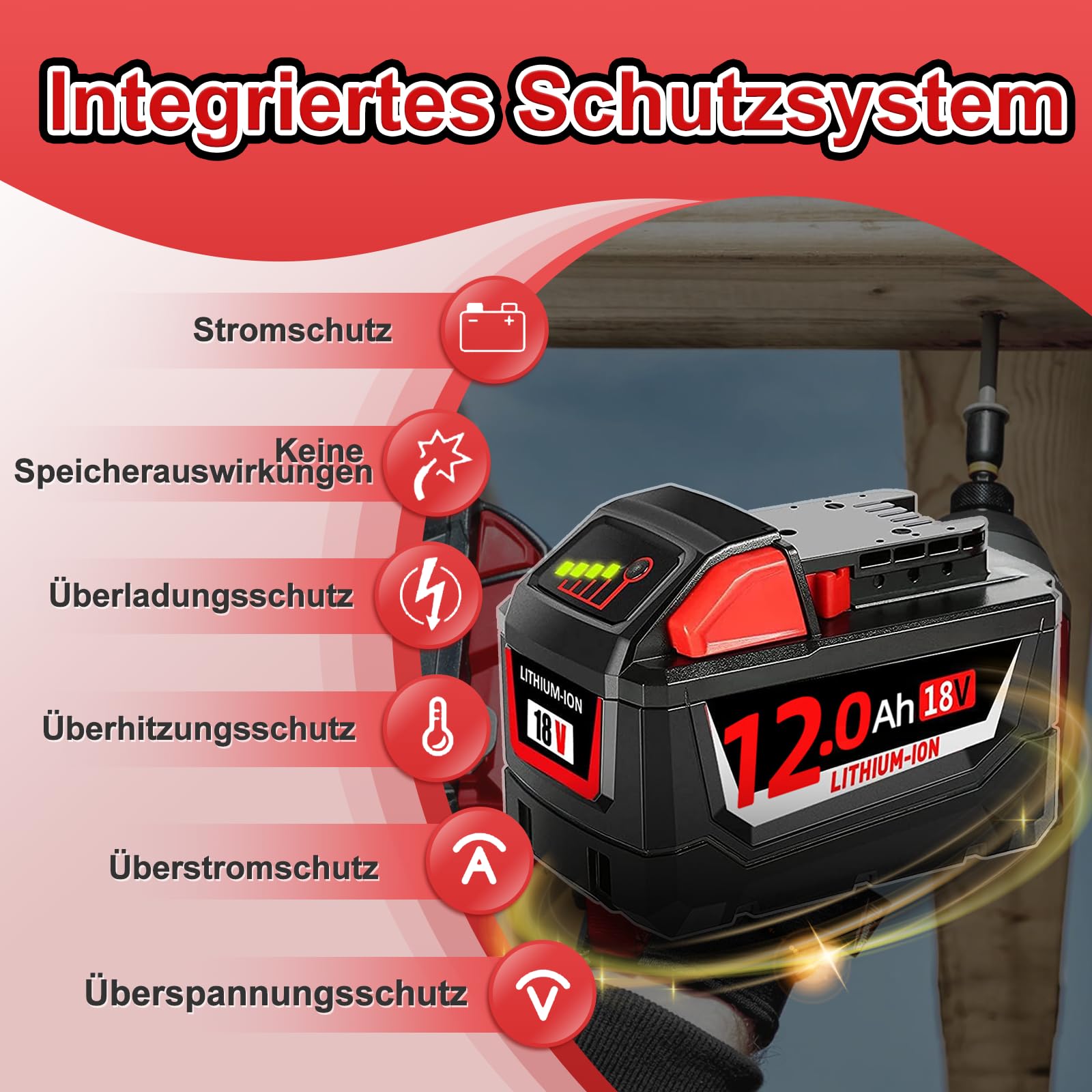 2 X 12.0Ah Ersatz für Milwaukee Akku M18, Kompatibel mit Milwaukee Akku 18V 48-11-1852 48-11-1850 48-11-1840 48-11-1830 48-11-1820 und Akku-Elektrowerkzeuge mit Led-Anzeige