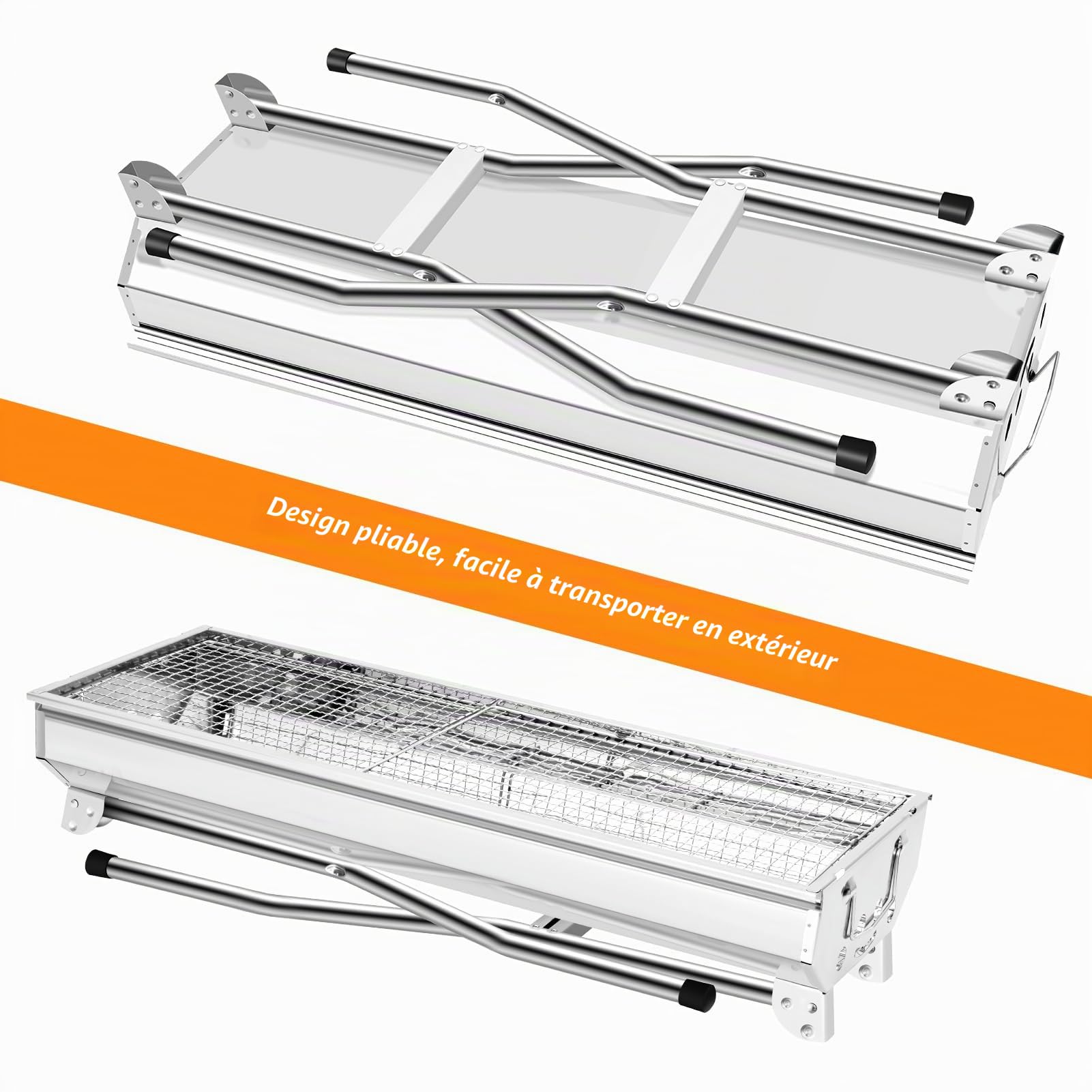 Barbecue au charbon de bois XXL - Portable - Barbecue pliable en acier inoxydable - Barbecue d'extérieur à charbon - Barbecue sur pied - Barbecue à charbon pliable (73 x 28 x 76 cm)