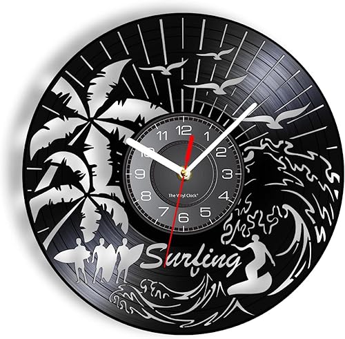 Reloj de pared decorativo de 12 pulgadas, reloj de pared para surf, playa, surf, gran onda, decoración de pared, disco de vinilo, reloj de pared, disponible en Yaxa Peru
