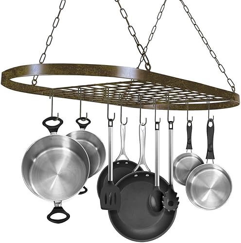 Miniatura 3 de Estante para ollas y sartenes para techo con ganchos, almacenamiento decorativo montado en forma ovalada (colgante rústico)