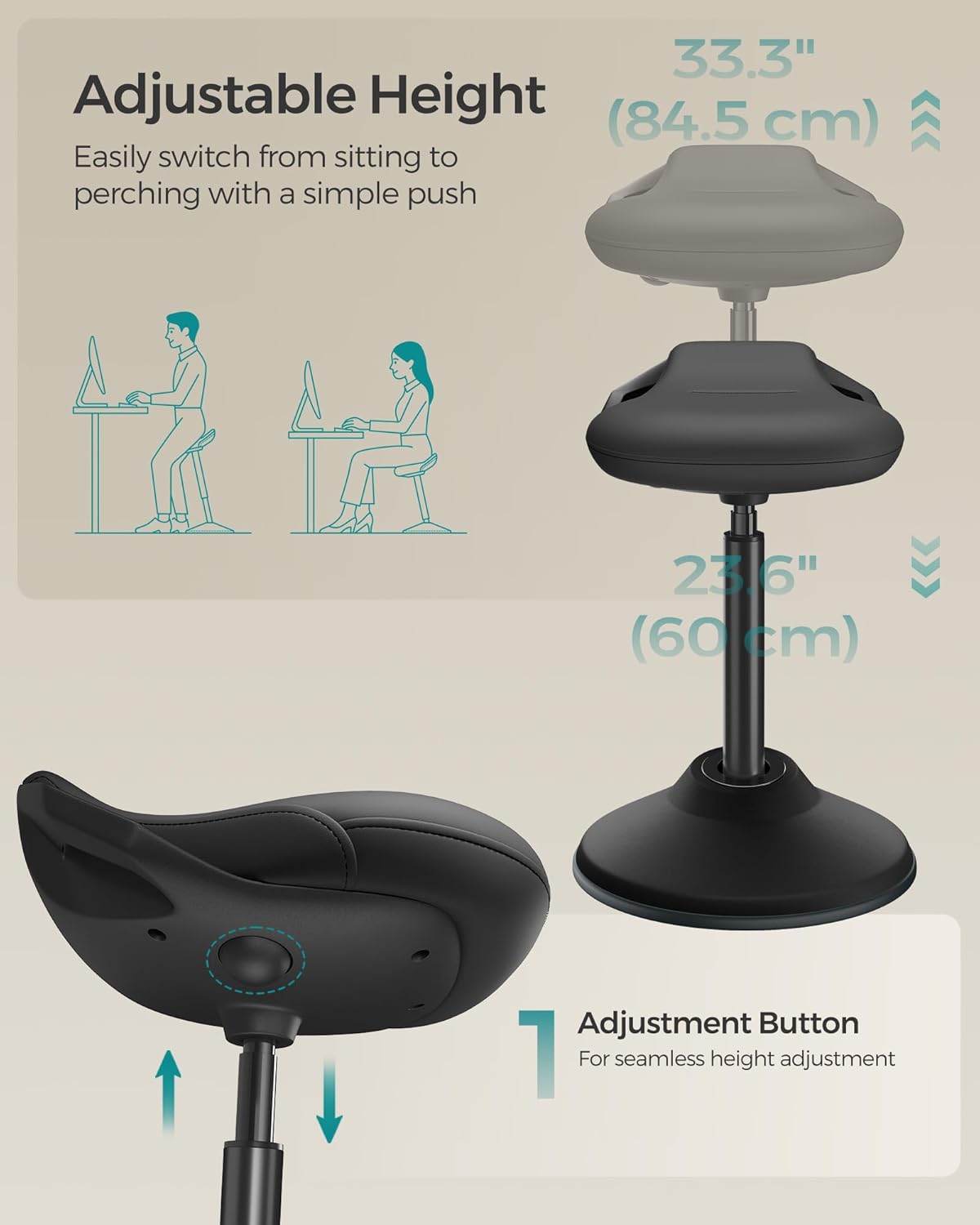 SONGMICS Ergonomic Wobble Stool, Height Adjustable Standing Desk Stool 23.6-33.3 Inches, Swivel Balance Chair with Non-Slip Base, Standing Chair, for Active Sitting, Office, Home, Ink Black UOSC12BK