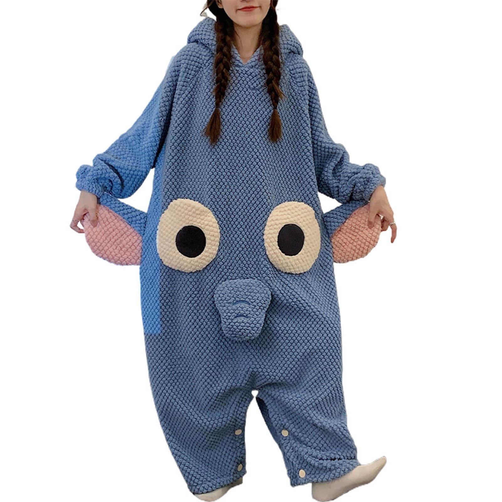 HAOLEI Pijama Adulto Divertido Animales Ropa de Dormir Lindo Onesie Mujeres Hombres Suaves Cómodos Pijamas Entero Manga Larga con Capucha Mono de Elefante Navidad Halloween Disfraz de Cosplay, Azul