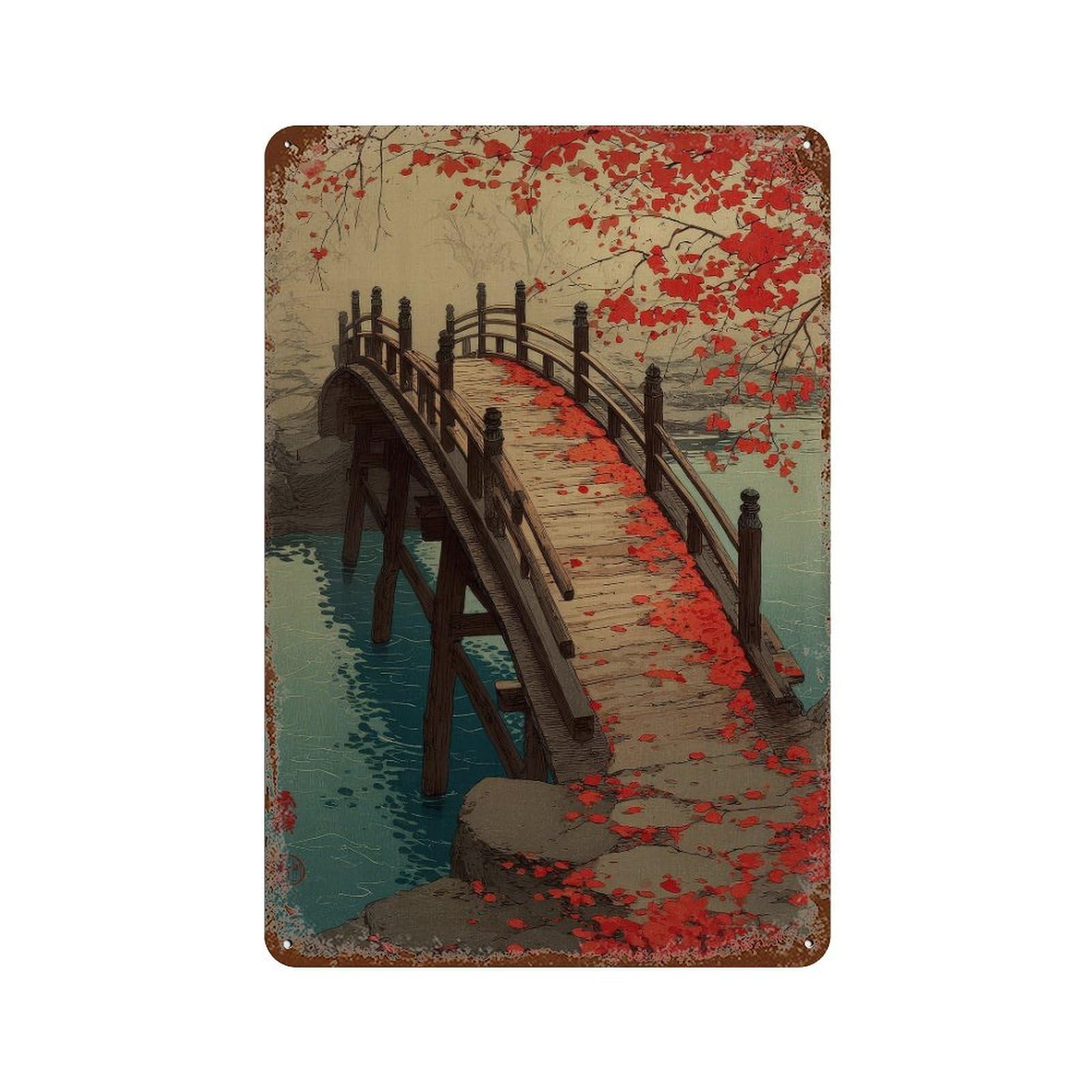 xiaoxiaoshen Autumn Maple Bridge. Japanese Ukiyo Wall Decor Art Metal Tin Poster Modern Home Decor Art Home Bar Shop Decorations Vintage Sign 30x20cm