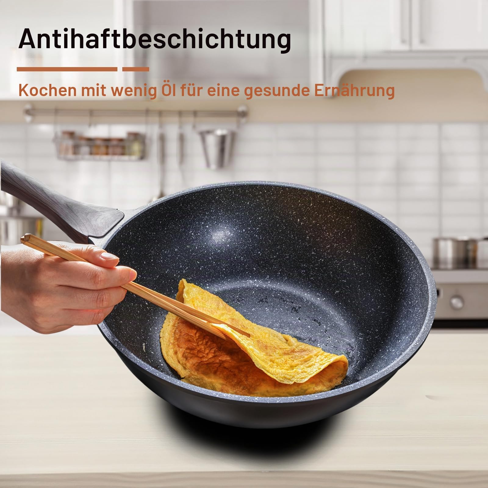 Kordisen Wokpfanne induktion, 30 cm Wok mit Deckel, Aluminiumguss, Beschichtung in Steinoptik, kompatibel mit allen Herden, PFOA-frei, Schwarz