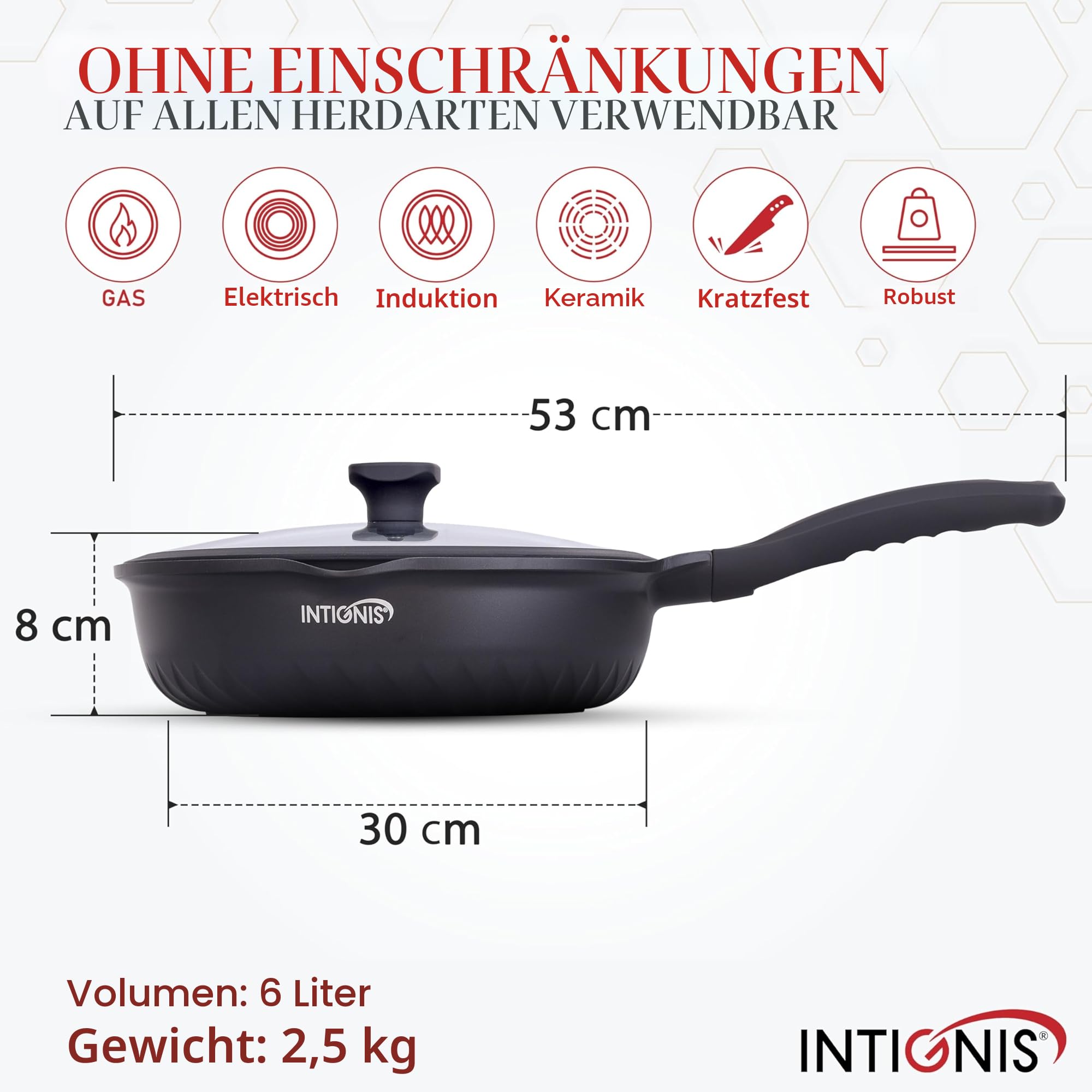 INTIGNIS Premium-Bratpfanne mit Deckel, Kratzfest, 30 cm, Extra Tief, Kompatibel mit allen Herdarten, Einschließlich Induktion, Frei von Chemikalien, Super Antihaftbeschichtet