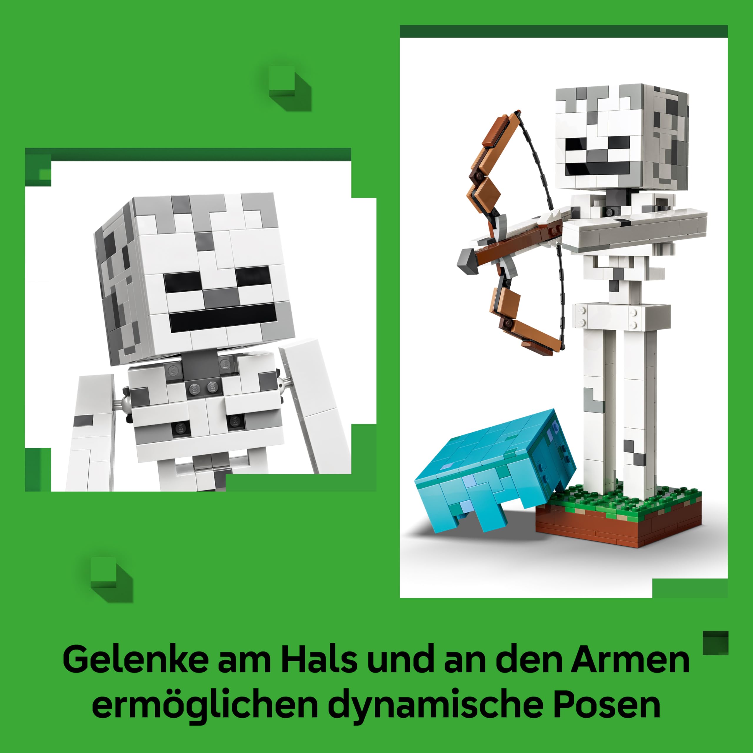 LEGO Minecraft Das Skelett - Mob Figur mit Diamanthelm, Bogen und Pfeil sowie Grasbasis als Zimmerdeko für Kinder - Gaming Geschenk für Jungen, Mädchen und Fans ab 10 Jahren - 21594