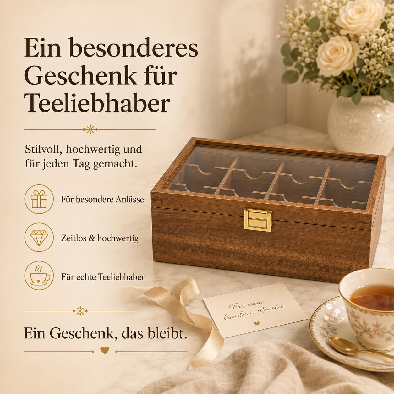 ALVERO Teebox aus Holz mit Glasdeckel, 12 Fächer, Goldener Verschluss, Elegante Holzoptik, Ideal für Küche, Büro und Teestation