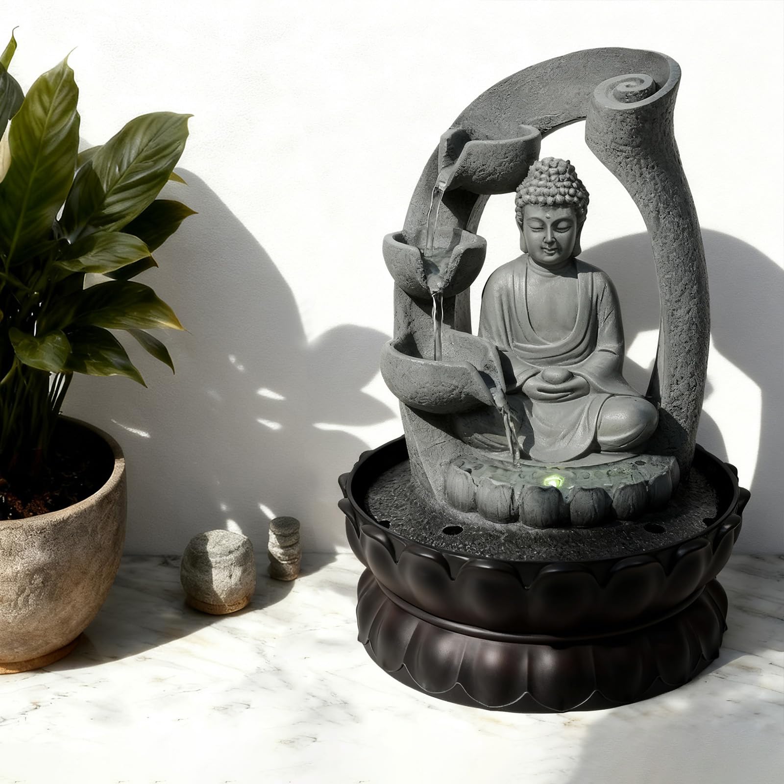 Fontanna pokojowa Budda z wodospadem, fontanna ogrodowa, z oświetleniem LED, 21 x 21 x 28 cm