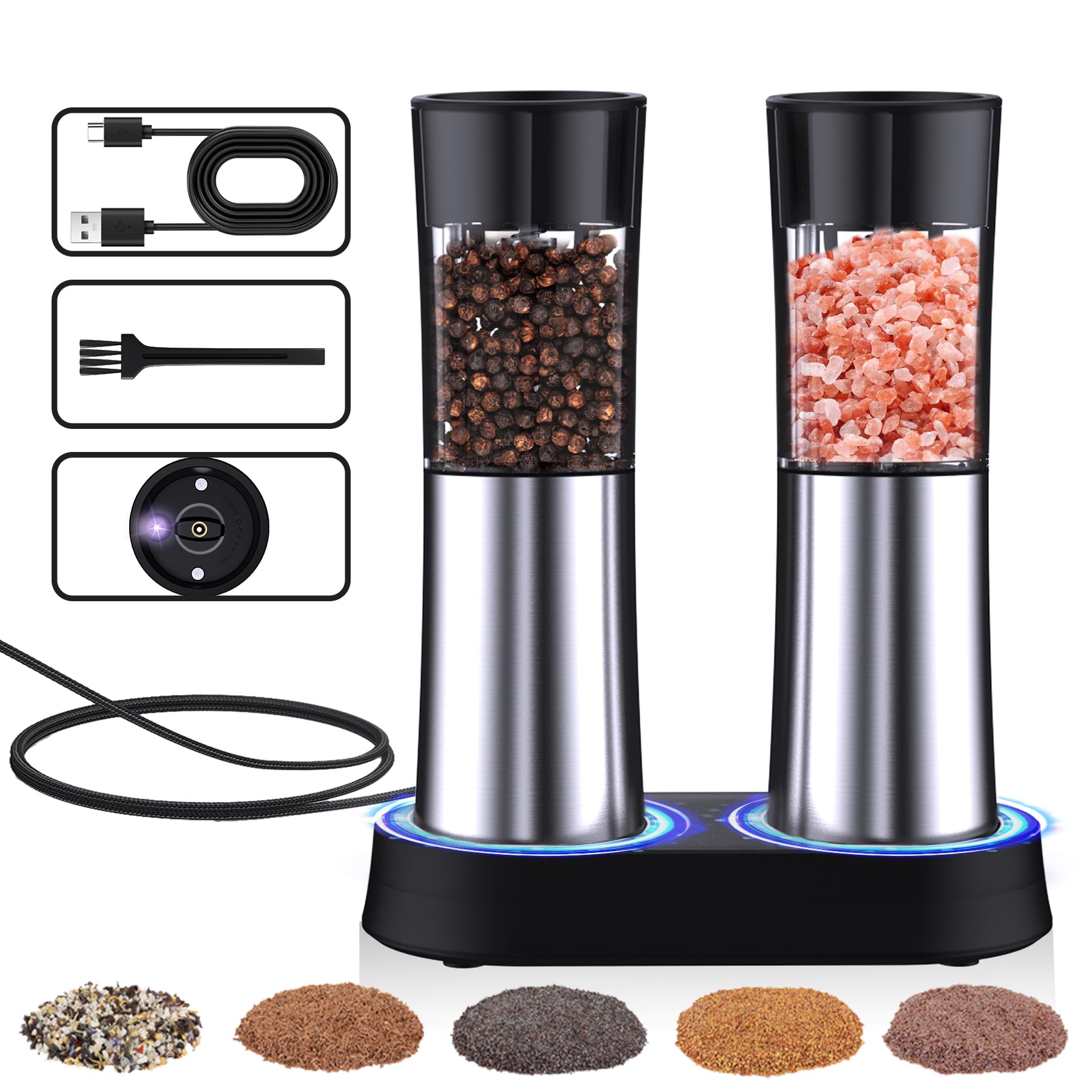 Gravity Electric Salt and Pepper Grinder Set, Rechargeable Automatic Salt and Pepper Mill Grinder with Adjustable Coarseness, Electric Salt and pepper Shakers, LED Light, (2 Packs)