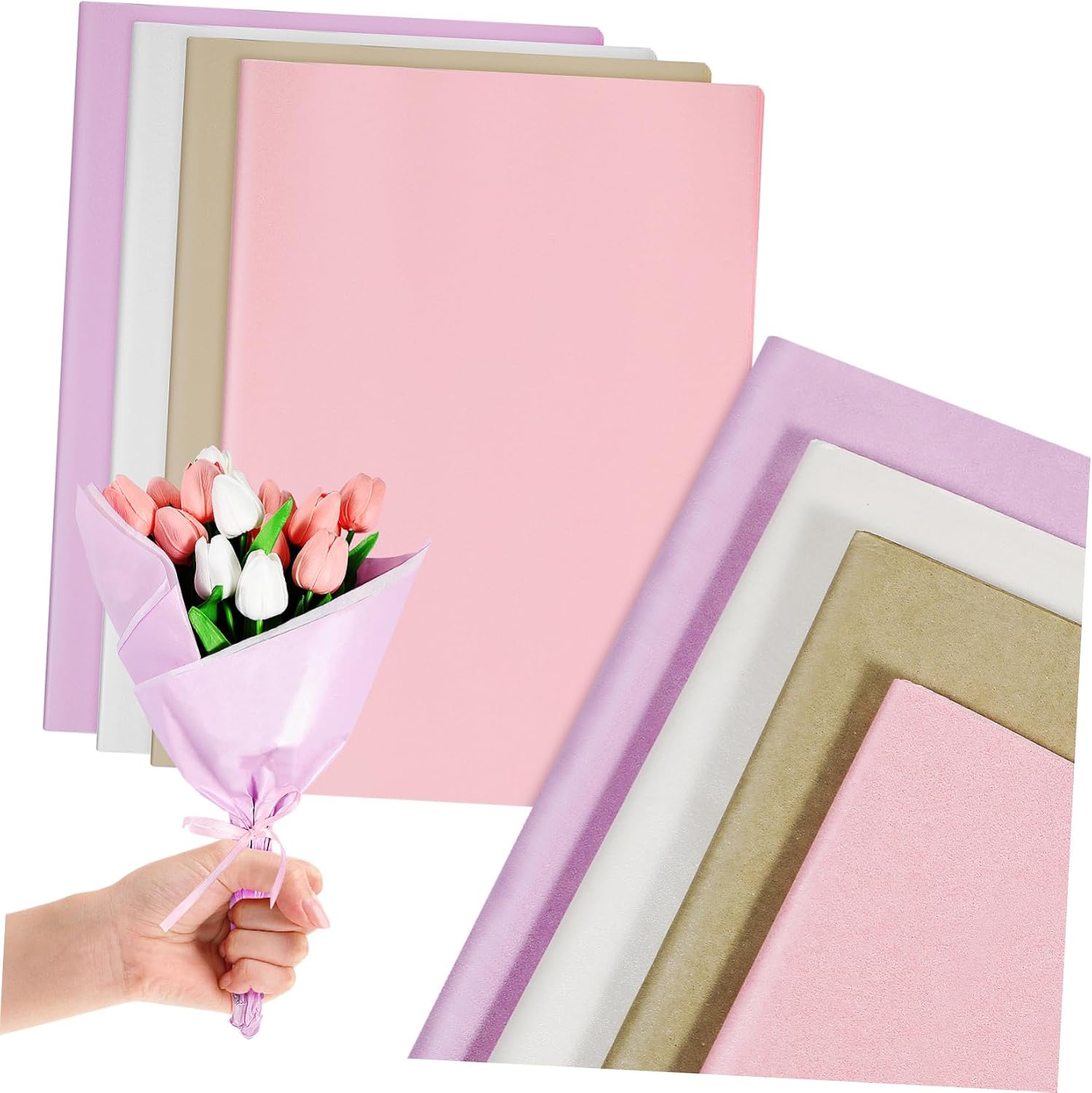 TEHAUX 80sheets Wrapping Tissue Paper Pastel Colors for Bouquets and Crafts Pearl White Khaki Bellflower Purple