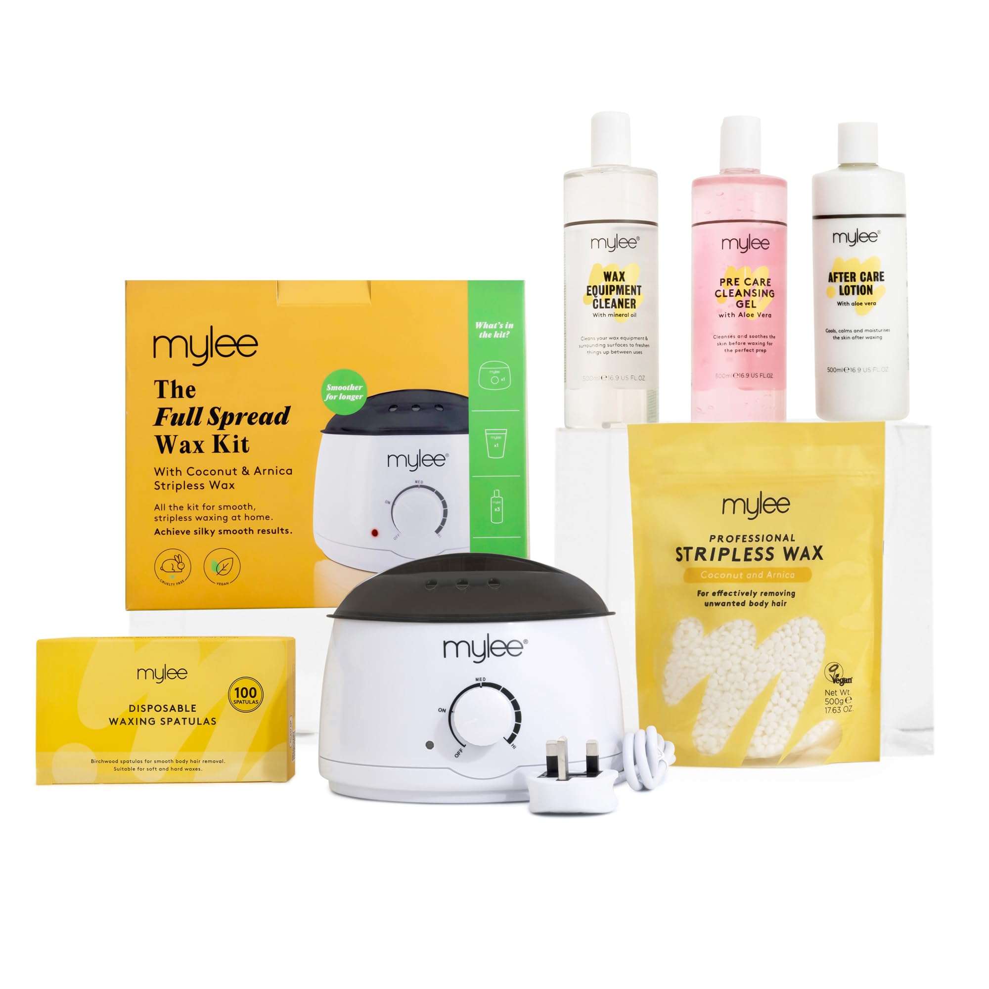 MYLEEProfessional Complete Waxing Kit with Wax Heater, Hard Wax Beads 500g, Applicator Spatulas, Pre & After Care Gel, Equipment Cleaner (Coconut & Arnica)