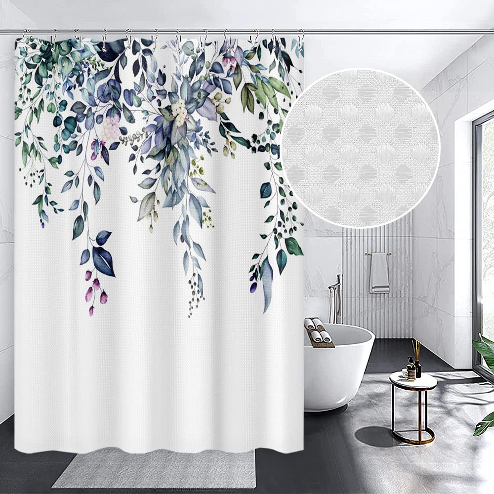 Yeele 72x72 Inch Plant Shower Curtain Watercolor Navy Blue Leaves Shower Curtain Set Contemporary Art Spring Wildflower Botanical Restroom Shower Curtain Set Waterproof Bathroom Curtain with Hooks