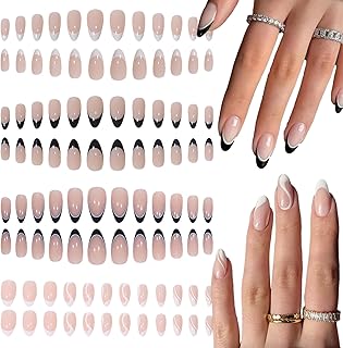 96 Stück French Press on Nails, Französische Weiß Falsche Nägel, French Nails Medium Almond, Oval Fingernägel Fake Nails Kurz, für Frauen Mädchen Nail Art