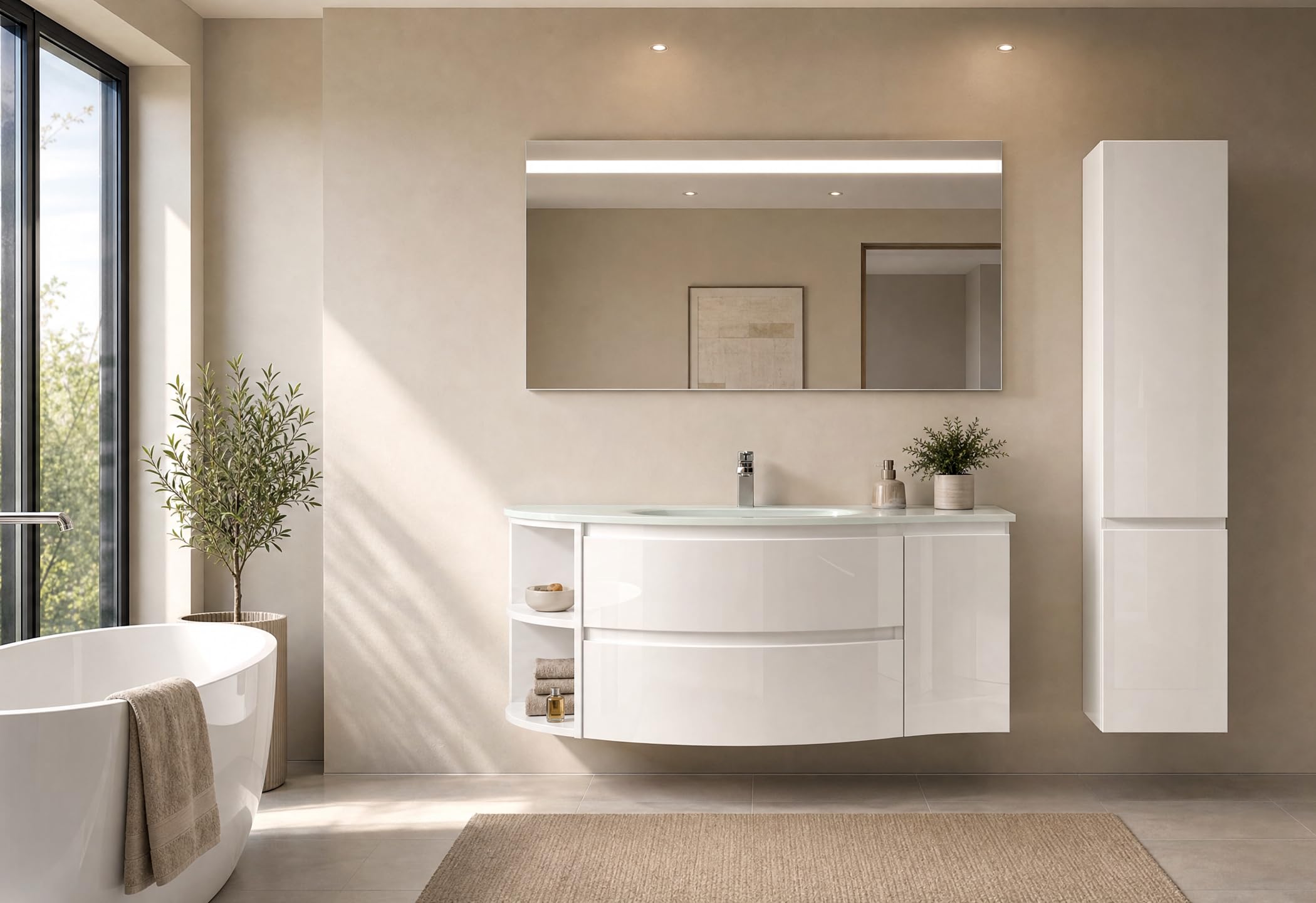 KASR Badmöbel Set Lynn 120 cm, Weiß, mit LED Spiegel und Seitenschrank, Glaswaschbecken, Hochglanz, wandhängend
