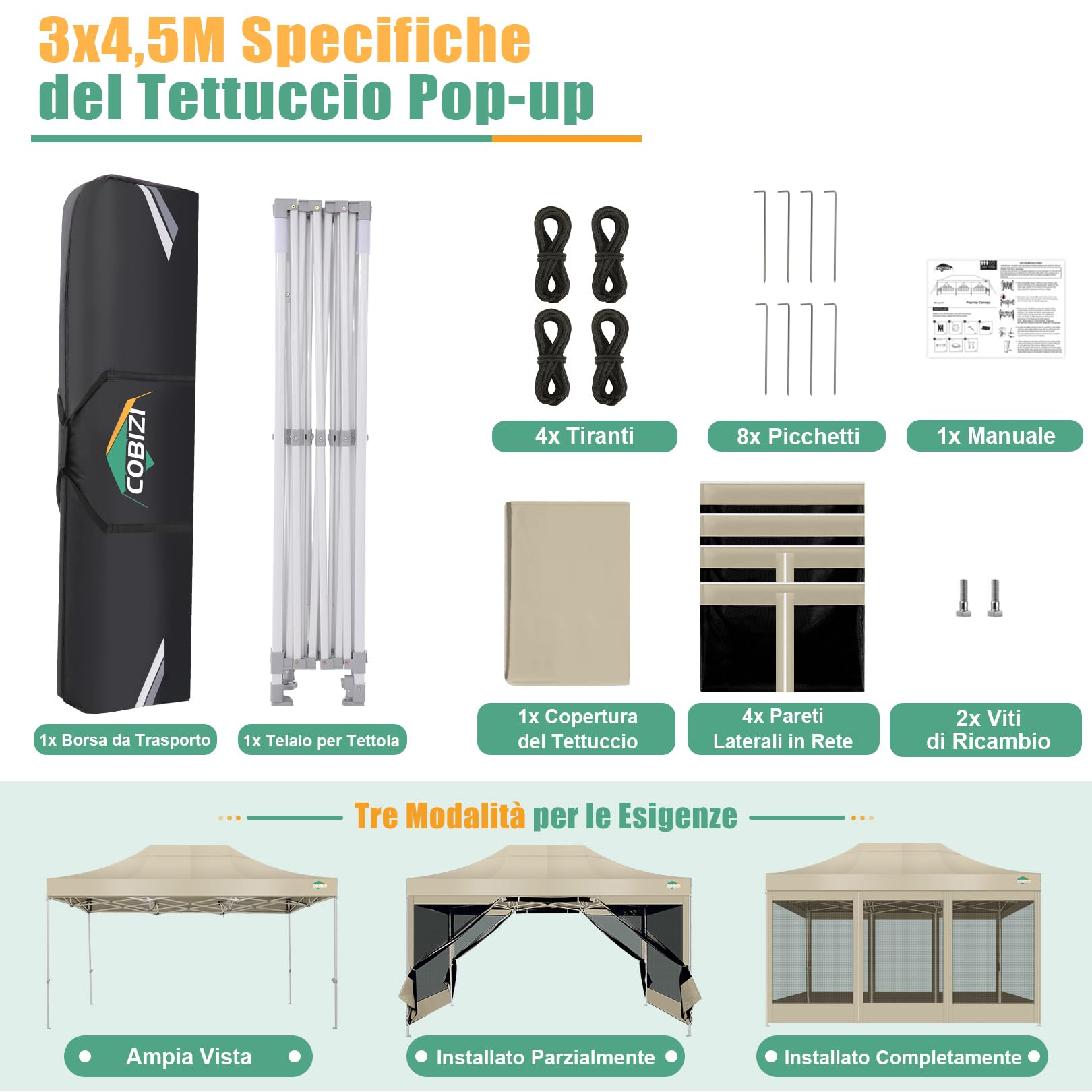 COBIZI Gazebo pieghevole 3x4,5 m con zanzariere, impermeabile e stabile | Protezione UV, altezza regolabile su 3 livelli, tessuto Oxford 420D, borsa inclusa