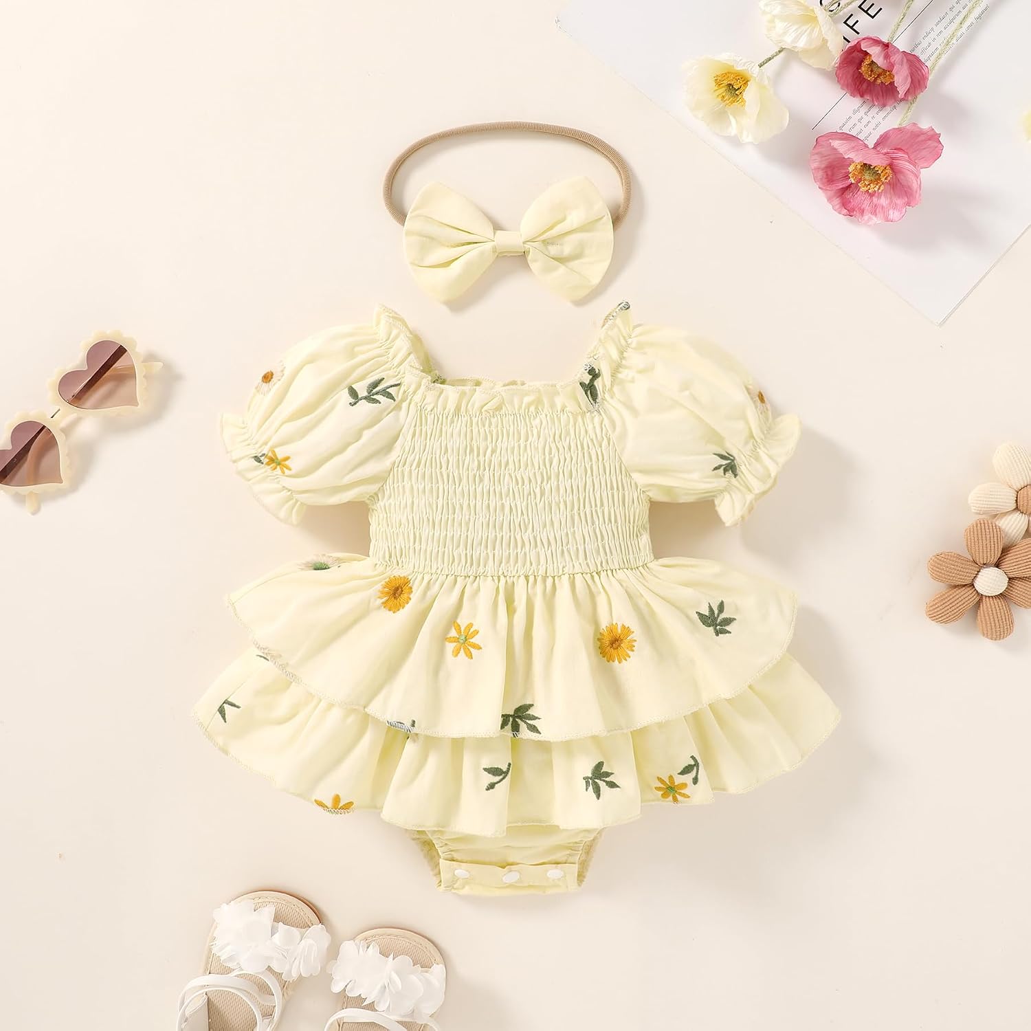 Happy Town Baby Girl Clothes Infant Summer Romper Dress Ruffle Short Sleeve Jumpsuit with Headband Cute Toddler Outfits image 3