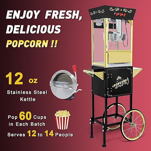 Miniatura 2 de Máquina de palomitas de maíz con carrito y ruedas, máquina de palomitas de maíz con hervidor de acero inoxidable de 12 onzas, para el hogar,